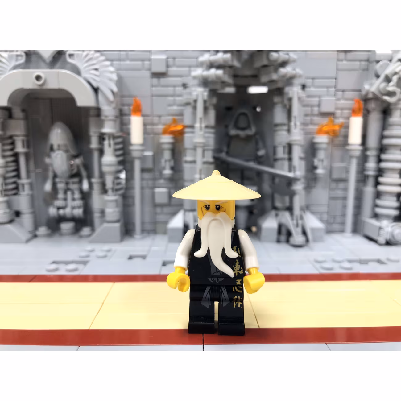 Wu Sensei - Black Kimono with Gold Symbols, Dark Bluish Gray Sash, Tan Asian Hat, White Beard Wu Sensei - Black Kimono with Gold Symbols, Dark Bluish Gray Sash, Tan Asian Hat, White Beard