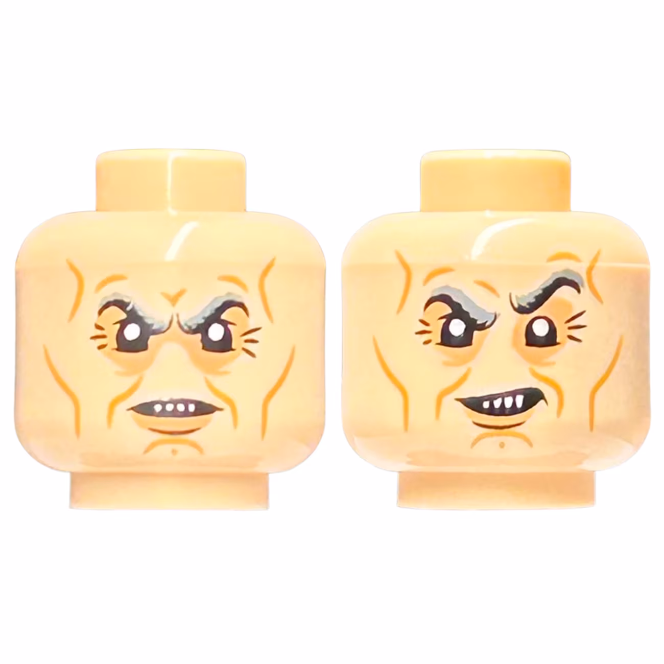 Minifigure, Head Dual Sided Dark Bluish Gray Eyebrows, Nougat Eye Shadow, Medium Nougat Cheek Lines, Chin Dimple, and Wrinkles, Grin / Scowl with 4 Sharp Teeth Pattern - Hollow Stud Minifigure, Head Dual Sided Dark Bluish Gray Eyebrows, Nougat Eye Shadow, Medium Nougat Cheek Lines, Chin Dimple, and Wrinkles, Grin / Scowl with 4 Sharp Teeth Pattern - Hollow Stud
