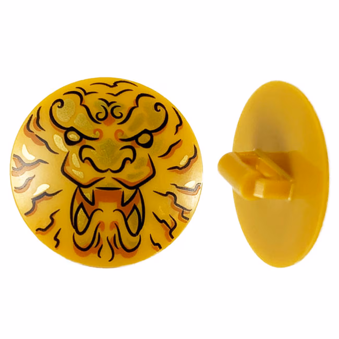 Minifigure, Shield Circular Convex Face with Black and Gold Ninjago Lion Head Pattern Minifigure, Shield Circular Convex Face with Black and Gold Ninjago Lion Head Pattern