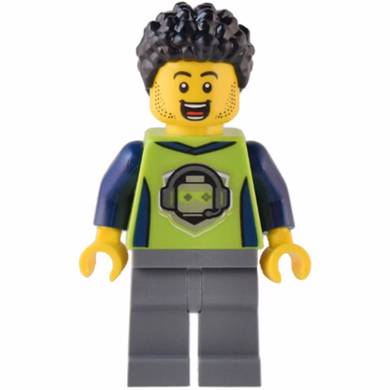Gaming Tournament Announcer - Male, Lime T-Shirt with Gaming Logo, Dark Bluish Gray Legs, Black Hair Gaming Tournament Announcer - Male, Lime T-Shirt with Gaming Logo, Dark Bluish Gray Legs, Black Hair
