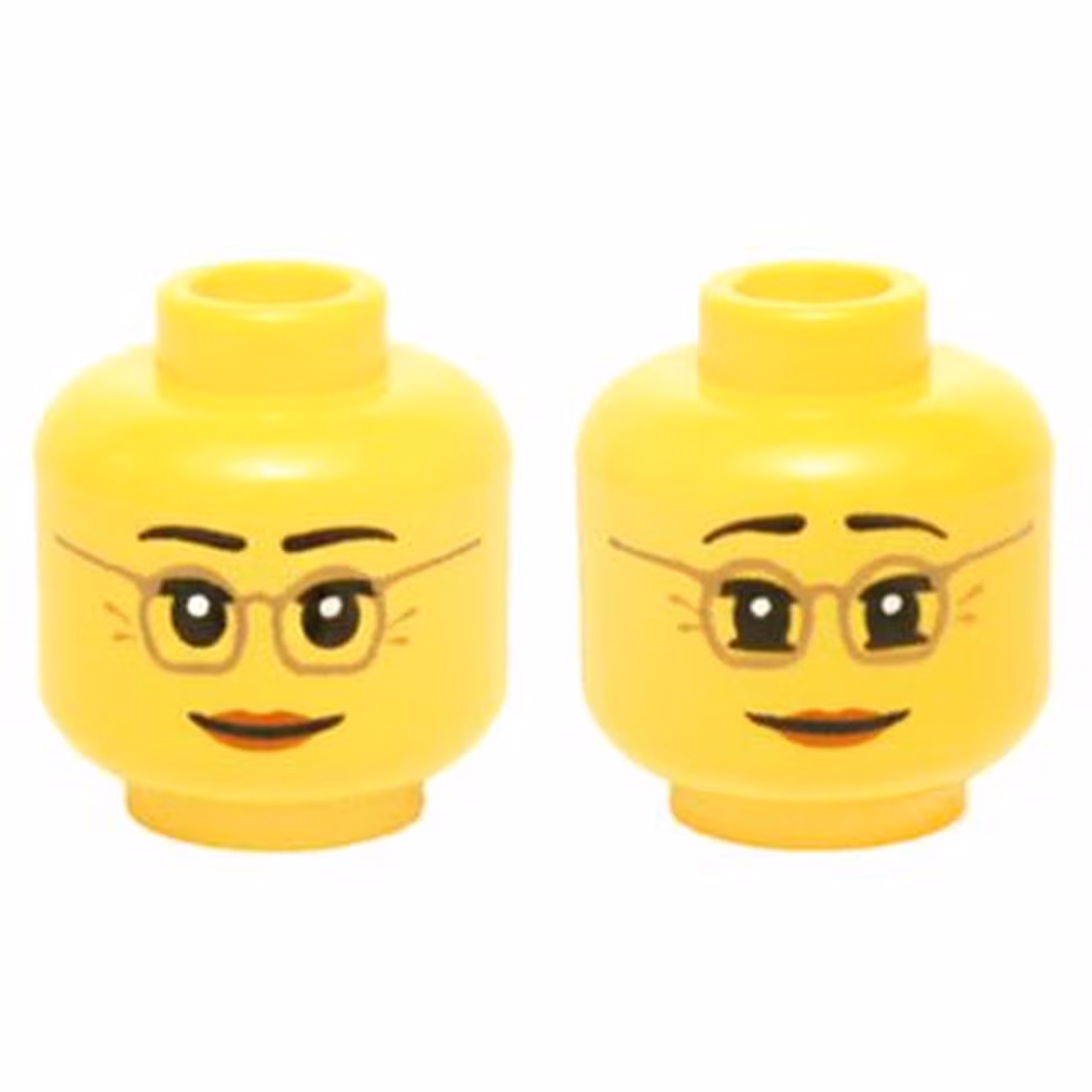 Minifigure, Head Dual Sided Female Dark Tan Glasses, Laugh Lines, Dark Orange Lips, Neutral / Raised Eyebrows Amused Pattern - Hollow Stud Minifigure, Head Dual Sided Female Dark Tan Glasses, Laugh Lines, Dark Orange Lips, Neutral / Raised Eyebrows Amused Pattern - Hollow Stud