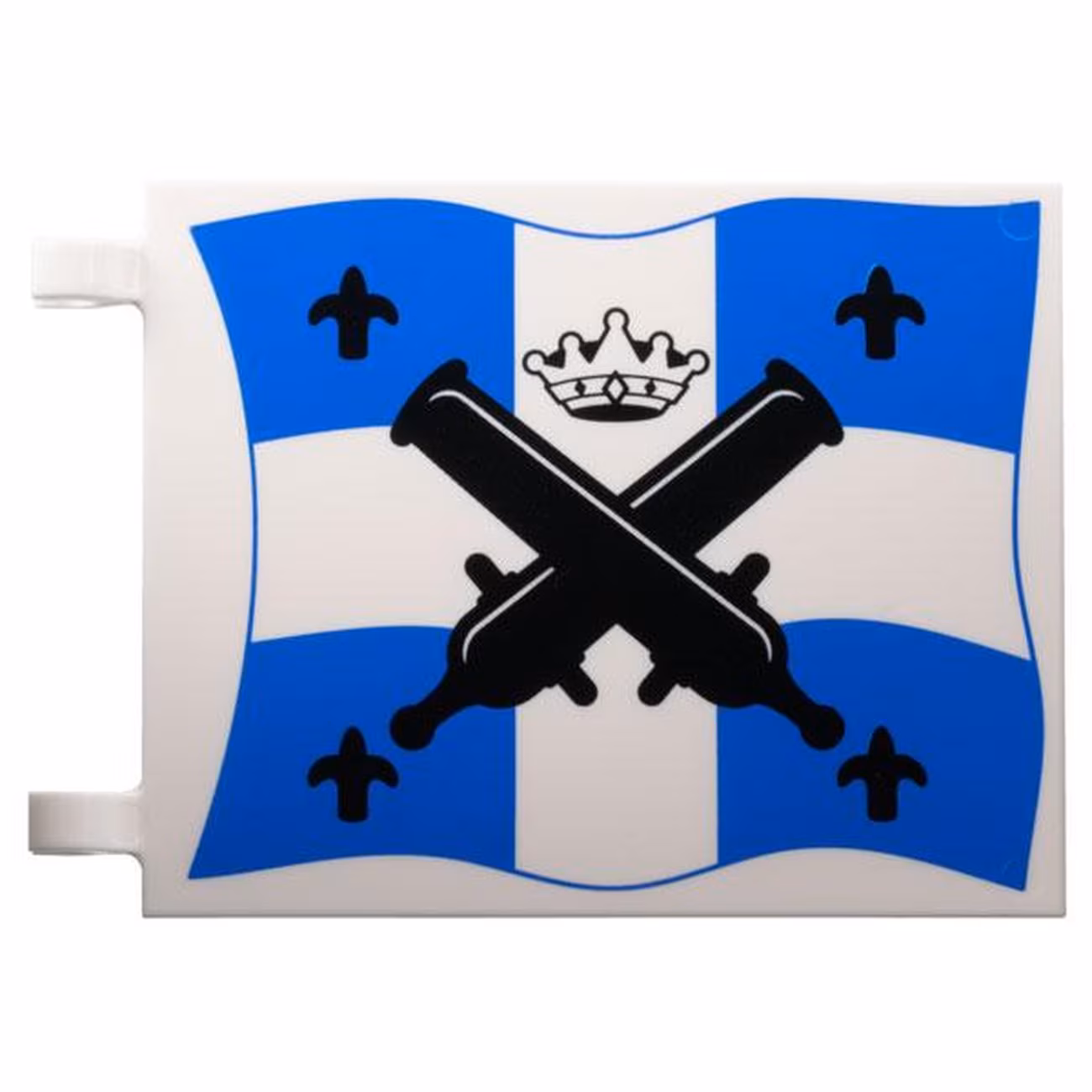 Flag 6 x 4 with Black Crossed Large Cannons and Fleur-de-lis, Crown with Diamonds over Blue and White Cross Pattern on Both Sides (Reissue) Flag 6 x 4 with Black Crossed Large Cannons and Fleur-de-lis, Crown with Diamonds over Blue and White Cross Pattern on Both Sides (Reissue)