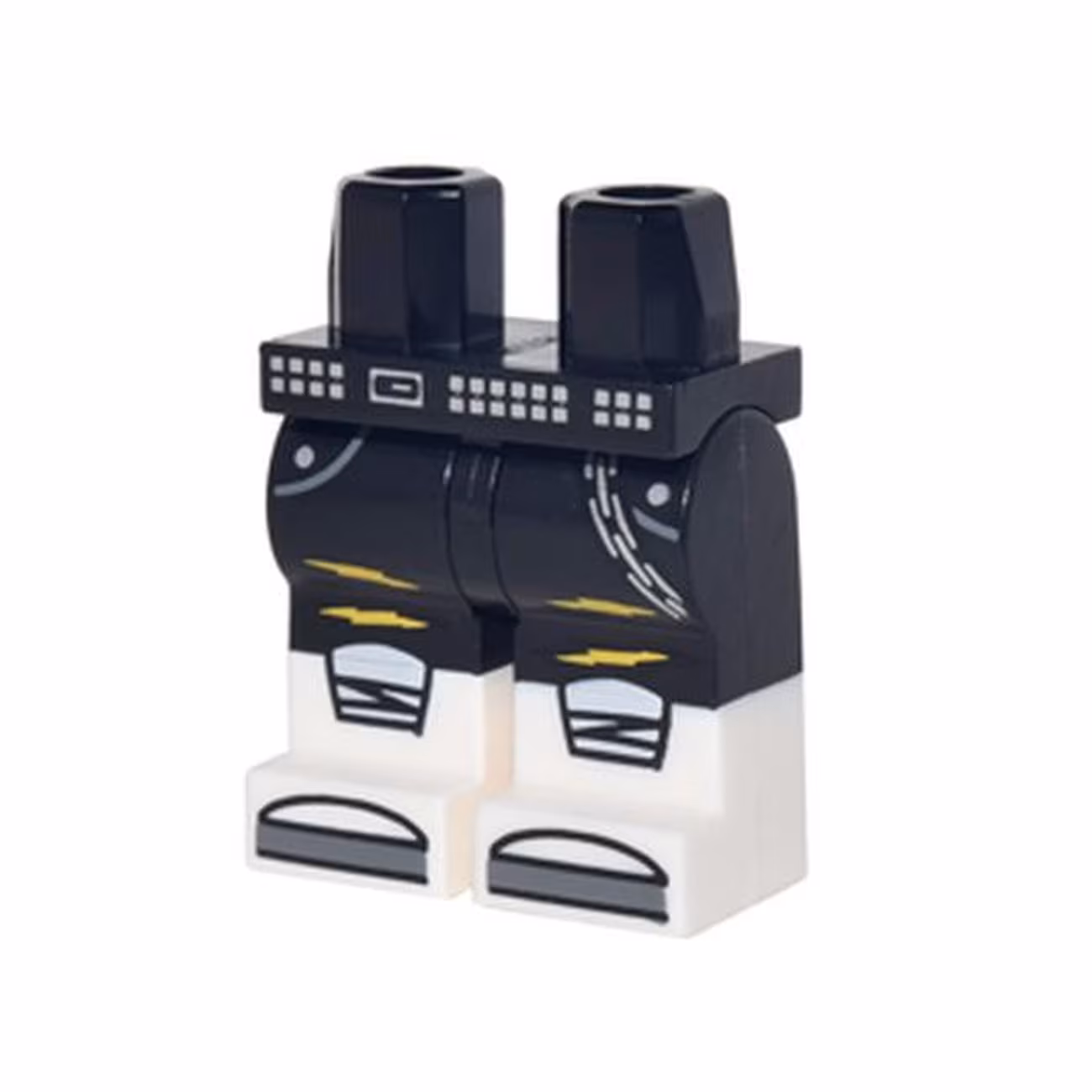 Hips and Legs with Pockets, Silver Chain and Belt, Yellow Lightning, Knee Pads, and White Boots with Dark Bluish Gray Tips Pattern Hips and Legs with Pockets, Silver Chain and Belt, Yellow Lightning, Knee Pads, and White Boots with Dark Bluish Gray Tips Pattern