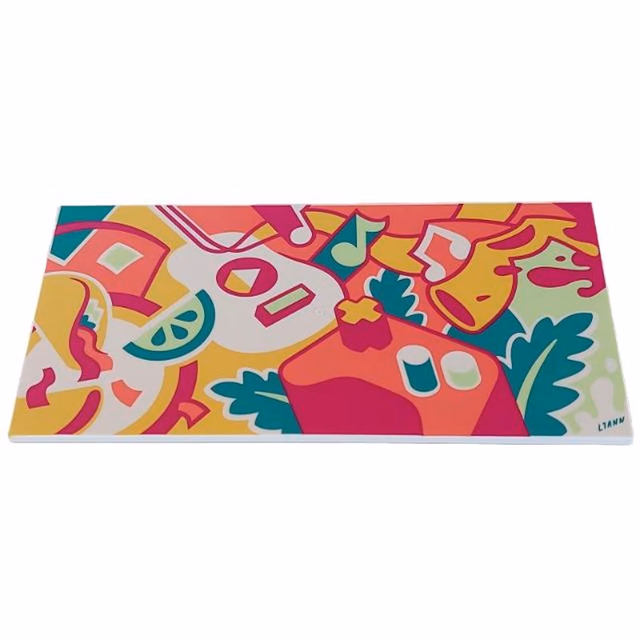Tile 8 x 16 with Bottom Tubes, Textured Surface with Graffiti Art, Dark Turquoise 'LIANN' and Leaves, Guitar, Yellow Saxophone, Musical Notes, Game Controller Pattern Tile 8 x 16 with Bottom Tubes, Textured Surface with Graffiti Art, Dark Turquoise 'LIANN' and Leaves, Guitar, Yellow Saxophone, Musical Notes, Game Controller Pattern