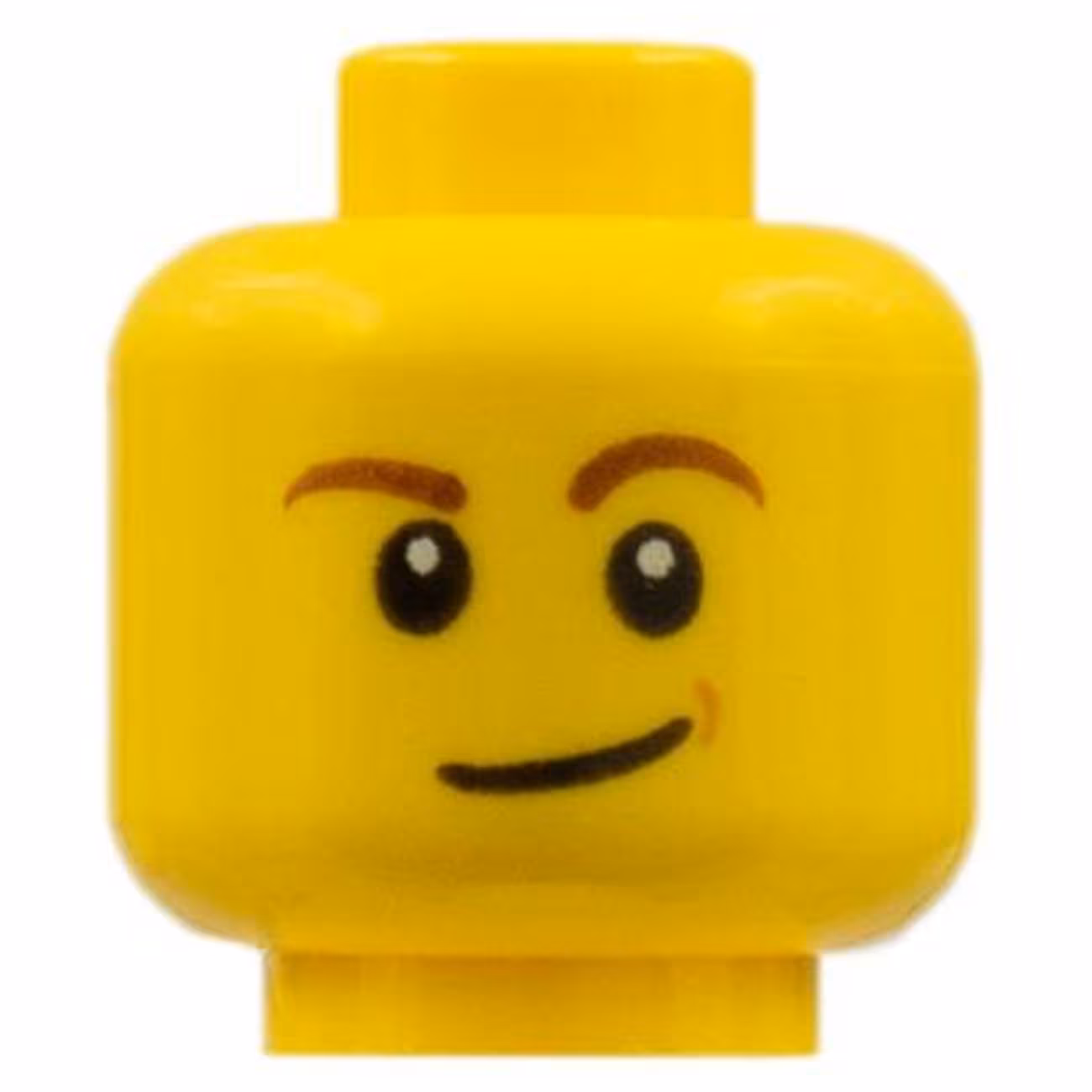 Minifigure, Head Reddish Brown Eyebrows, White Pupils, Lopsided Smile and Medium Nougat Dimple Pattern Minifigure, Head Reddish Brown Eyebrows, White Pupils, Lopsided Smile and Medium Nougat Dimple Pattern