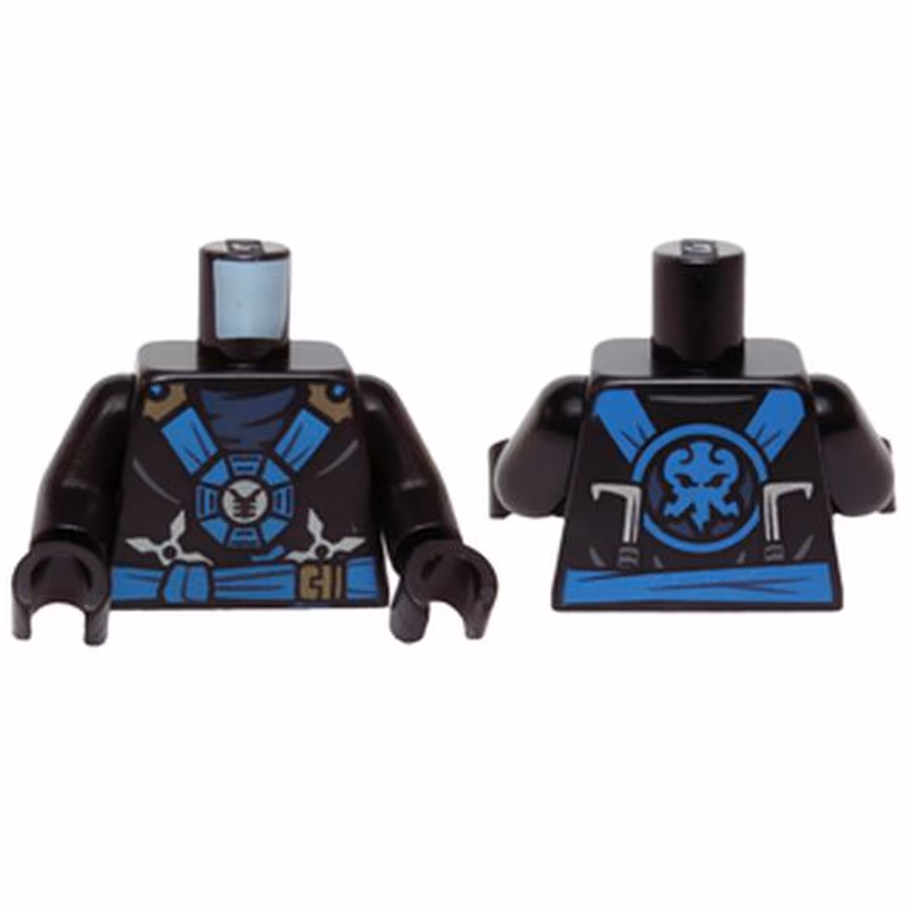 Torso Ninjago Blue and Gold Straps and Belt, Round Emblem, Weapons and Dark Blue Undershirt Pattern / Black Arms / Black Hands Torso Ninjago Blue and Gold Straps and Belt, Round Emblem, Weapons and Dark Blue Undershirt Pattern / Black Arms / Black Hands
