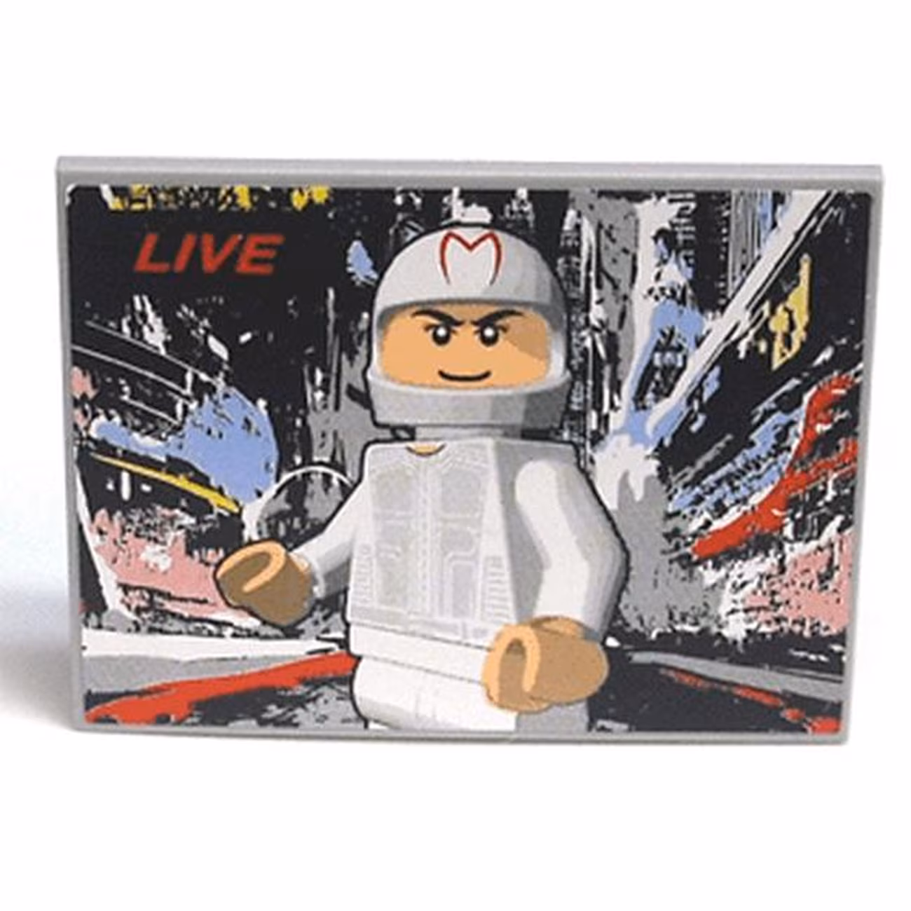 Slope 10 6 x 8 with White Minifigure Racer and 'LIVE' Pattern (Sticker) - Set 8161 Slope 10 6 x 8 with White Minifigure Racer and 'LIVE' Pattern (Sticker) - Set 8161