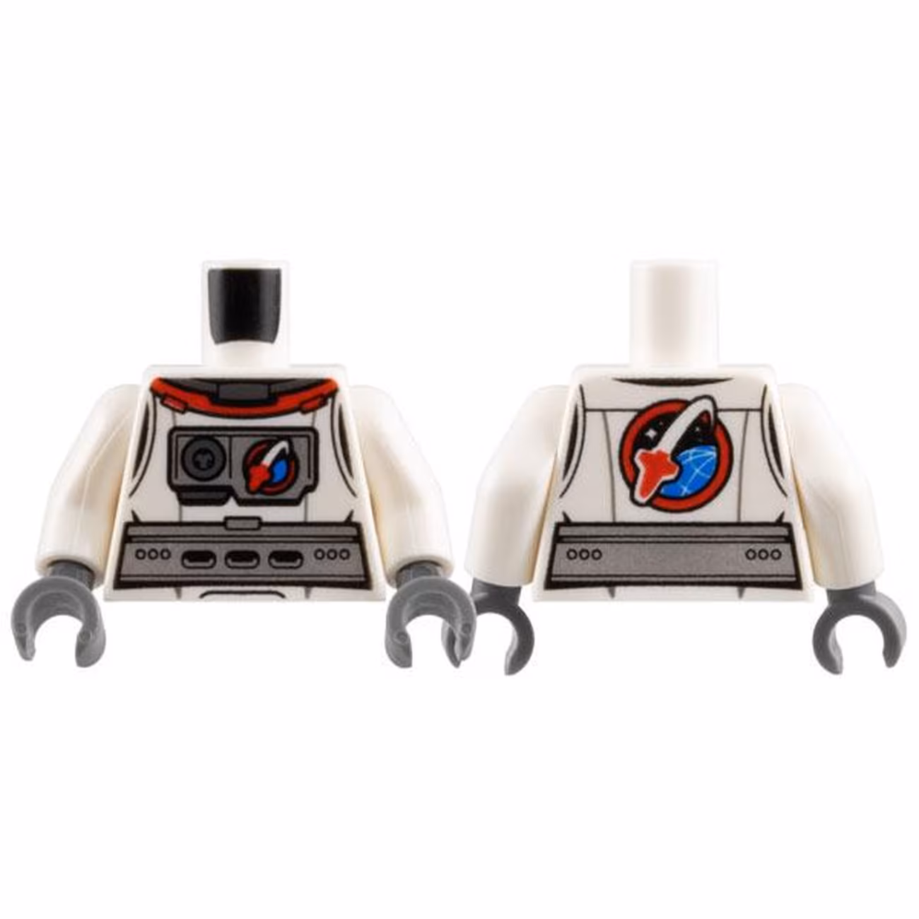 Torso Spacesuit Silver Belt and Chest Piece with Space Shuttle Logo, Front and Back Pattern / White Arms / Dark Bluish Gray Hands Torso Spacesuit Silver Belt and Chest Piece with Space Shuttle Logo, Front and Back Pattern / White Arms / Dark Bluish Gray Hands