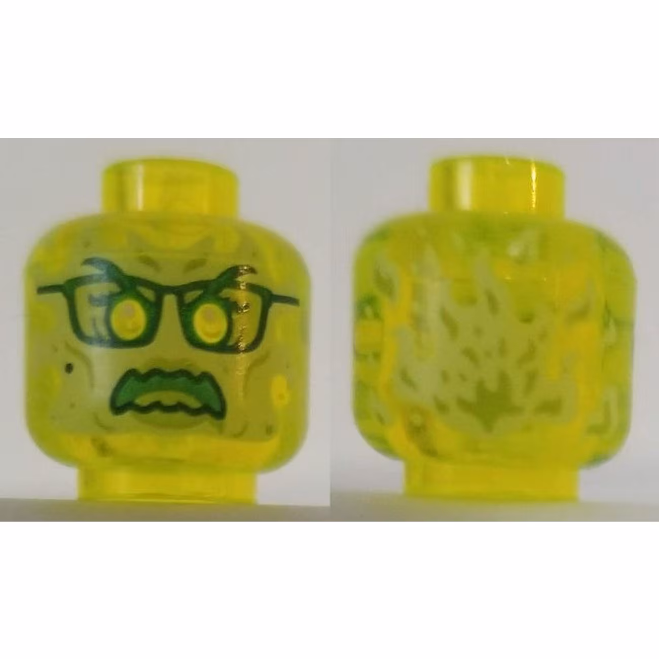 Minifigure, Head Alien Ghost with Yellowish Green Face, Glasses, Angry and Flames in Back Pattern Minifigure, Head Alien Ghost with Yellowish Green Face, Glasses, Angry and Flames in Back Pattern