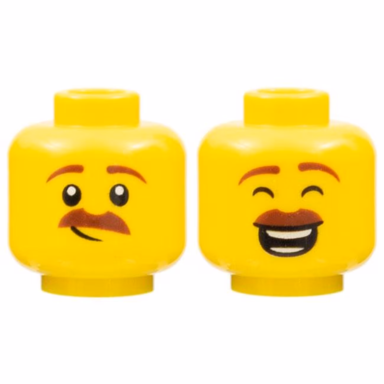 Minifigure, Head Dual Sided Reddish Brown Eyebrows and Moustache, Lopsided Grin / Closed Eyes, Open Mouth Smile with Teeth Parted Pattern Minifigure, Head Dual Sided Reddish Brown Eyebrows and Moustache, Lopsided Grin / Closed Eyes, Open Mouth Smile with Teeth Parted Pattern