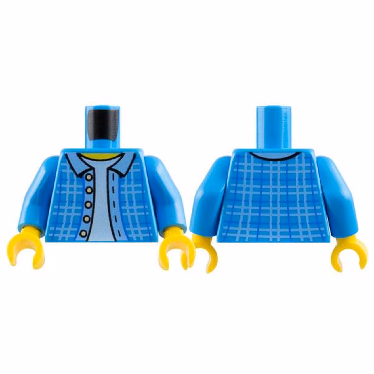 Torso Plaid Jacket with Bright Light Blue Hem and Collar and Light Bluish Gray Buttons over White Shirt, Yellow Neck Pattern / Dark Azure Arms / Yellow Hands Torso Plaid Jacket with Bright Light Blue Hem and Collar and Light Bluish Gray Buttons over White Shirt, Yellow Neck Pattern / Dark Azure Arms / Yellow Hands