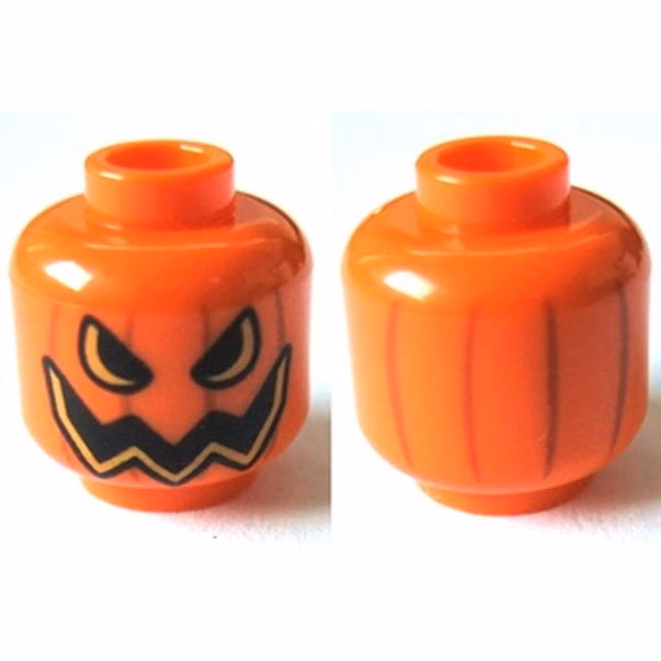 Minifigure, Head Pumpkin Jack O' Lantern Open Semicircular Eyes with Vertical Lines on Back Pattern Minifigure, Head Pumpkin Jack O' Lantern Open Semicircular Eyes with Vertical Lines on Back Pattern