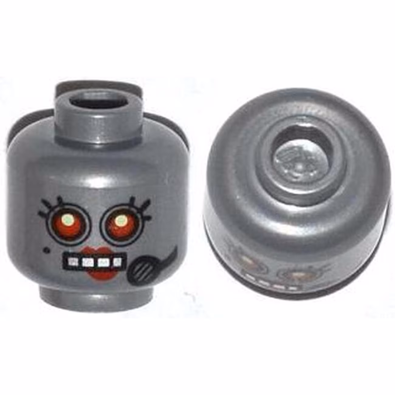 Minifigure, Head Alien Female Robot with Black Beauty Mark and Microphone, Red Eyes and Lips, and Open Mouth with Silver Teeth Pattern Minifigure, Head Alien Female Robot with Black Beauty Mark and Microphone, Red Eyes and Lips, and Open Mouth with Silver Teeth Pattern