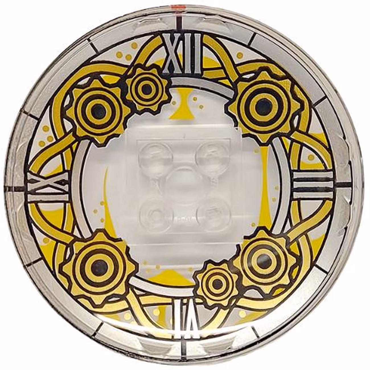 Dish 6 x 6 Inverted (Radar) - Solid Studs with Clock Face with Silver Roman Numerals, Gold Curved Lines and Gears Pattern Dish 6 x 6 Inverted (Radar) - Solid Studs with Clock Face with Silver Roman Numerals, Gold Curved Lines and Gears Pattern