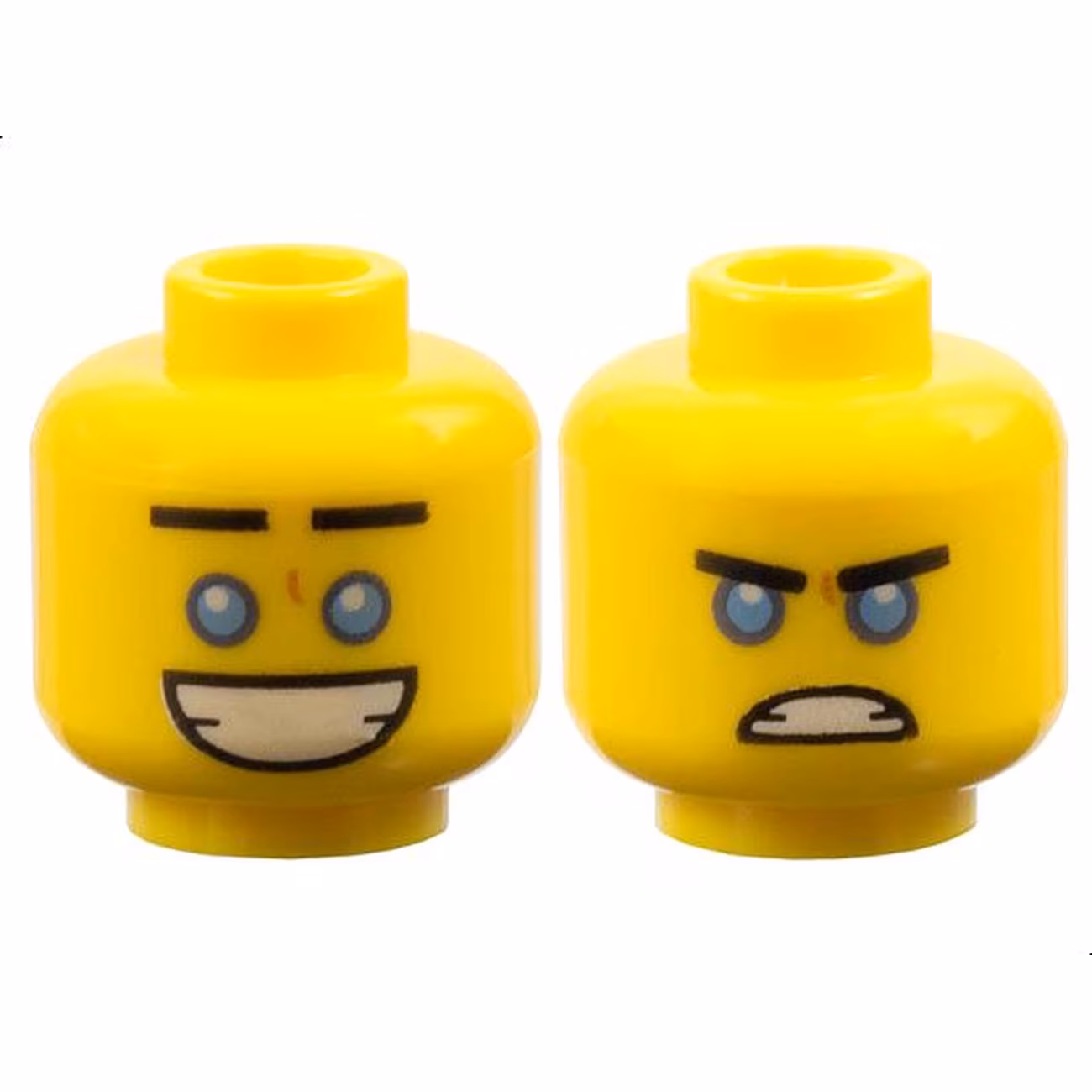 Minifigure, Head Dual Sided Black Straight Eyebrows, Medium Blue Eyes, Large Open Mouth Smile with Teeth / Angry Scowl Pattern Minifigure, Head Dual Sided Black Straight Eyebrows, Medium Blue Eyes, Large Open Mouth Smile with Teeth / Angry Scowl Pattern