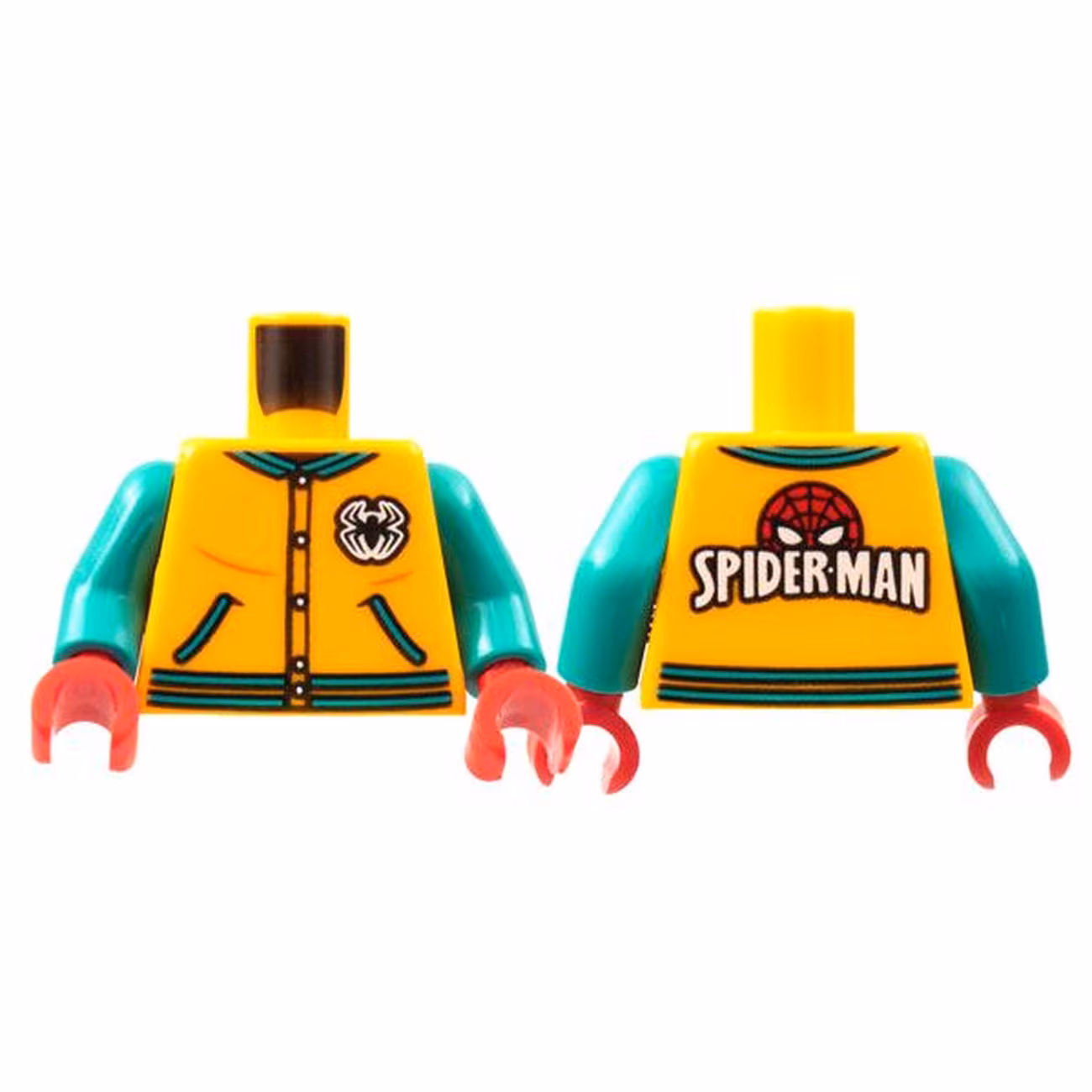 Torso Letter Jacket, Dark Turquoise Trim, Spider Logo, 'SPIDER-MAN' on Back Pattern / Dark Turquoise Arms / Red Hands Torso Letter Jacket, Dark Turquoise Trim, Spider Logo, 'SPIDER-MAN' on Back Pattern / Dark Turquoise Arms / Red Hands