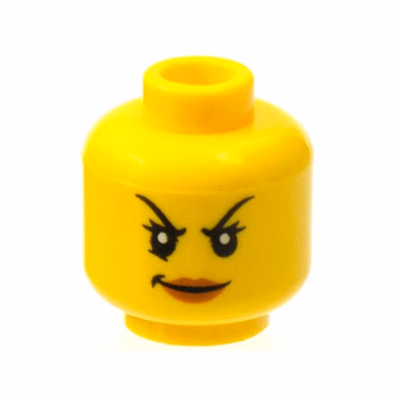 Minifigure, Head Female Black Arched Thin Eyebrows, Eyelashes, Dark Orange Lips, Evil Smirk Pattern Minifigure, Head Female Black Arched Thin Eyebrows, Eyelashes, Dark Orange Lips, Evil Smirk Pattern
