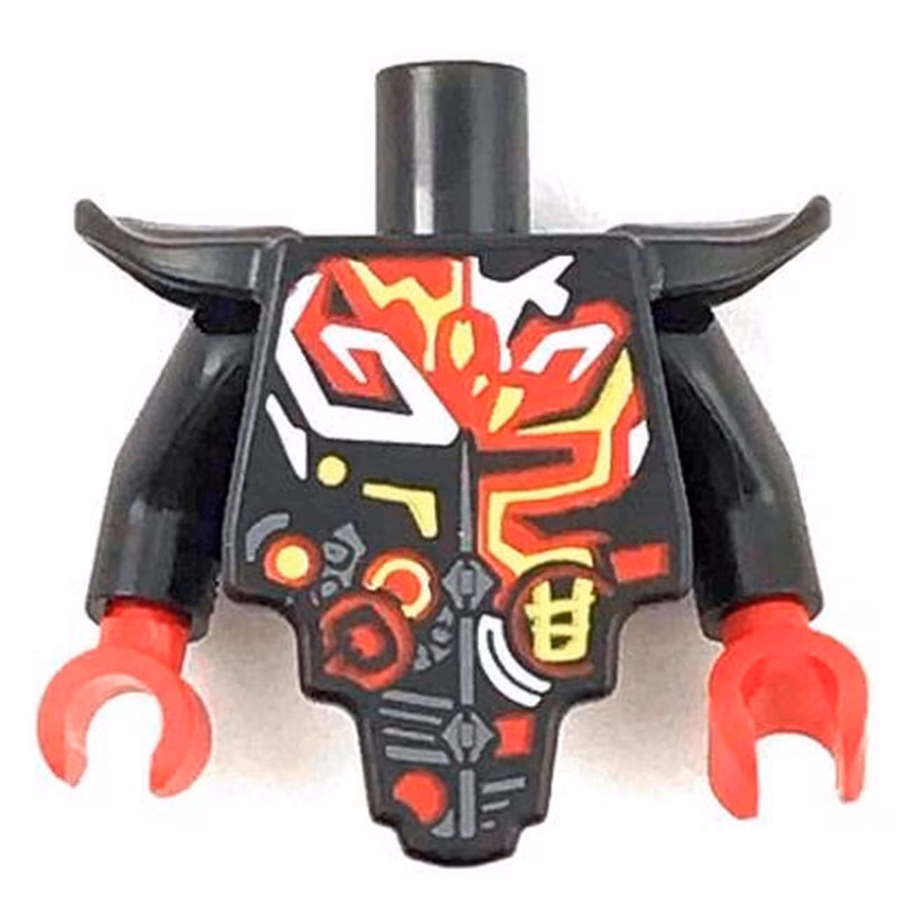 Torso, Modified Short with Smooth Armor Breastplate with Shoulder Pads and Red, Yellow and White Tribal Pattern / Black Arms / Red Hands Torso, Modified Short with Smooth Armor Breastplate with Shoulder Pads and Red, Yellow and White Tribal Pattern / Black Arms / Red Hands