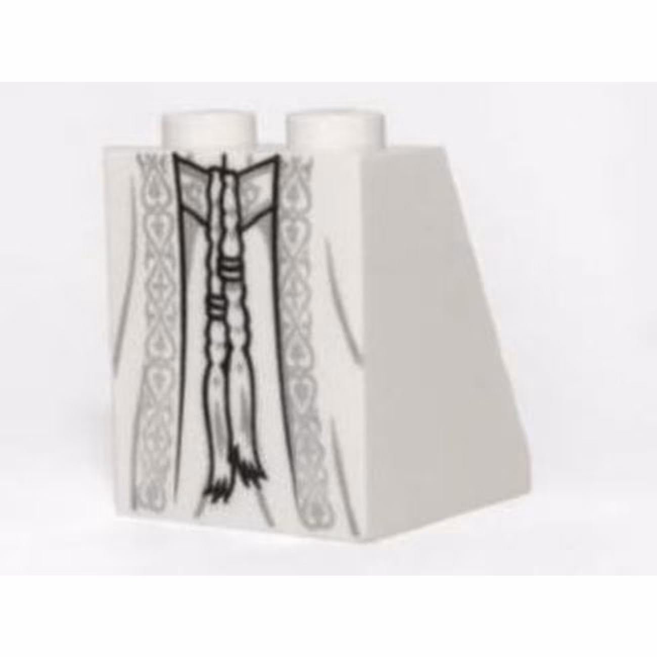 Slope 65 2 x 2 x 2 with Bottom Tube with Minifigure Dress / Skirt / Robe, Ornate Silver Fabric, Belt and Tassels Pattern Slope 65 2 x 2 x 2 with Bottom Tube with Minifigure Dress / Skirt / Robe, Ornate Silver Fabric, Belt and Tassels Pattern