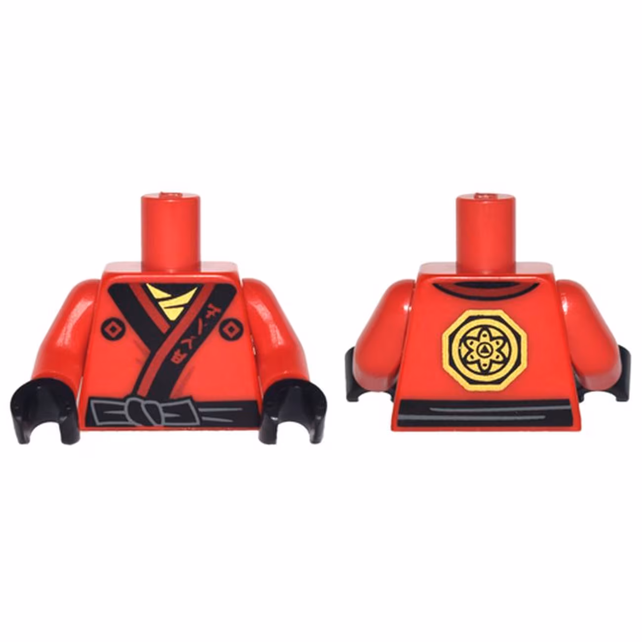 Torso Ninjago Robe with Ninjago Logogram 'FIRE', Black Sash and Gold Emblem Pattern / Red Arms / Black Hands Torso Ninjago Robe with Ninjago Logogram 'FIRE', Black Sash and Gold Emblem Pattern / Red Arms / Black Hands