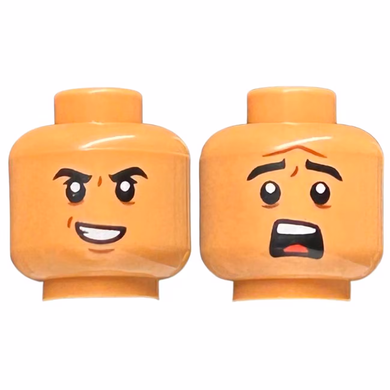 Minifigure, Head Dual Sided Black Eyebrows, Dark Orange Furrows, Evil Smile / Scared Pattern Minifigure, Head Dual Sided Black Eyebrows, Dark Orange Furrows, Evil Smile / Scared Pattern
