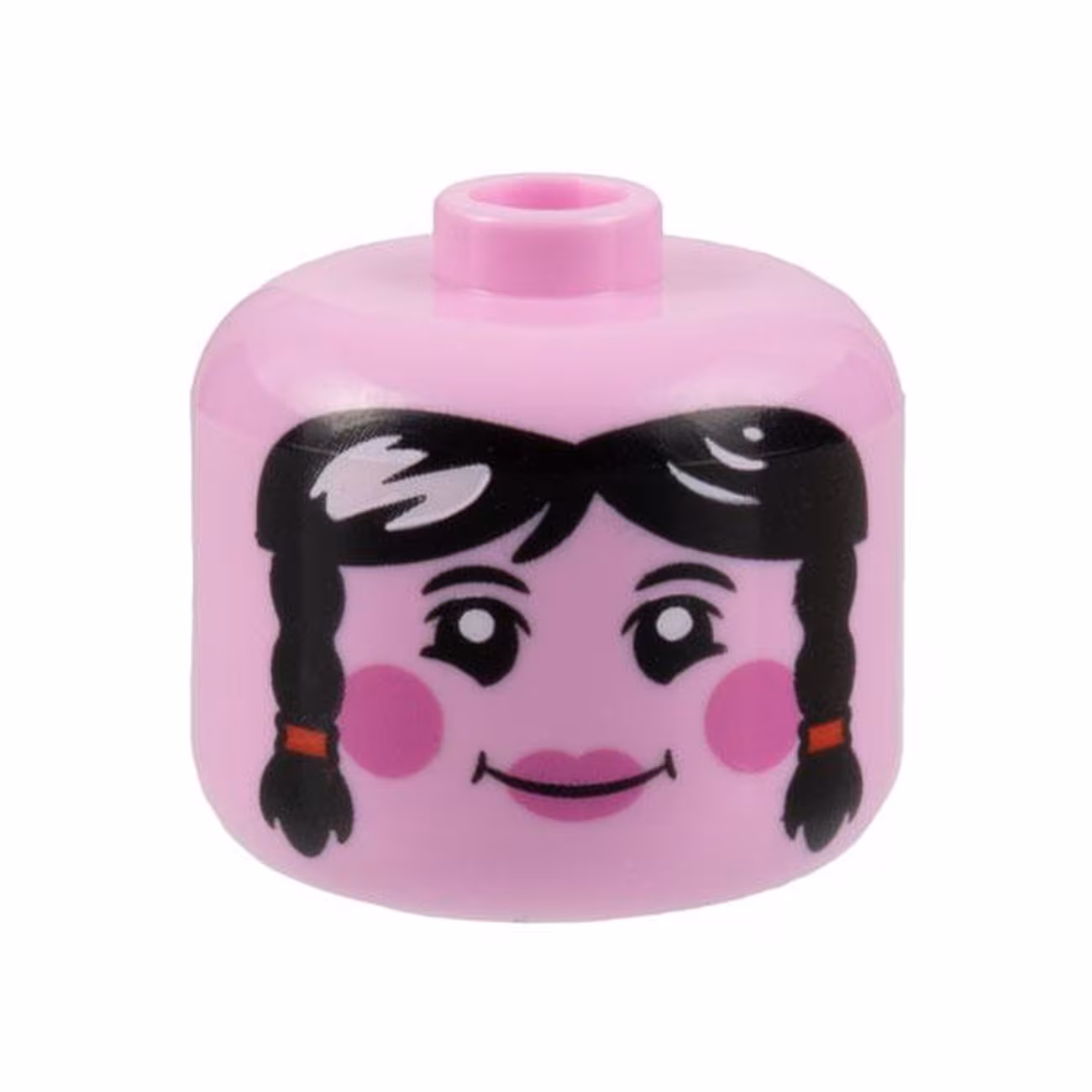 Minifigure, Head, Modified Giant Female Black Eyebrows and Hair with Braids, Dark Pink Circles on Cheeks and Lips, Grin Pattern - Vented Stud Minifigure, Head, Modified Giant Female Black Eyebrows and Hair with Braids, Dark Pink Circles on Cheeks and Lips, Grin Pattern - Vented Stud