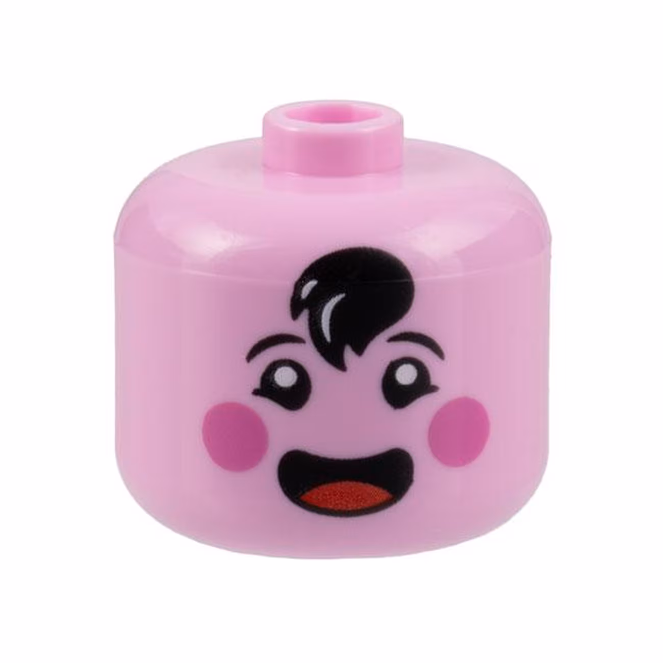 Minifigure, Head, Modified Giant Black Eyebrows and Hair Tuft, Dark Pink Circles on Cheeks, Open Mouth Smile with Red Tongue Pattern - Vented Stud Minifigure, Head, Modified Giant Black Eyebrows and Hair Tuft, Dark Pink Circles on Cheeks, Open Mouth Smile with Red Tongue Pattern - Vented Stud