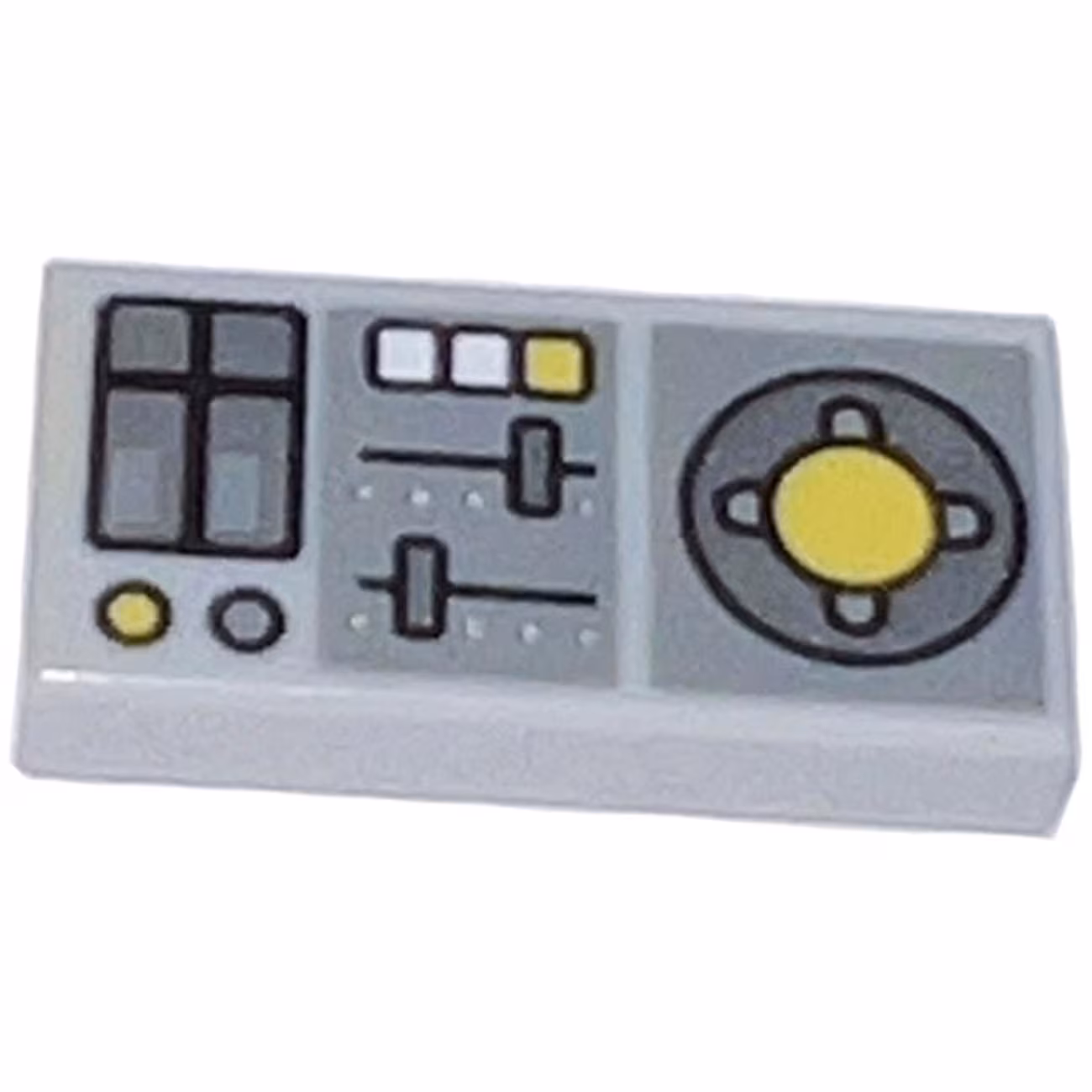 Tile 1 x 2 with Vehicle Control Panel, Silver Sliders, Yellow Buttons, Dark Bluish Gray Panels Pattern Tile 1 x 2 with Vehicle Control Panel, Silver Sliders, Yellow Buttons, Dark Bluish Gray Panels Pattern