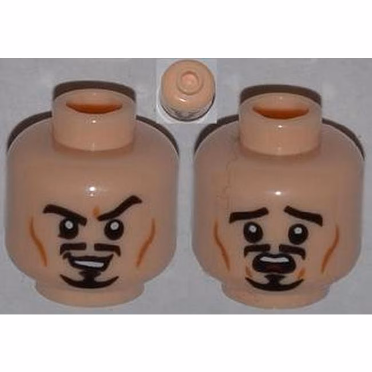 Minifigure, Head Dual Sided Moustache, Goatee and Cheek Lines, Sneer / Scared Pattern Minifigure, Head Dual Sided Moustache, Goatee and Cheek Lines, Sneer / Scared Pattern