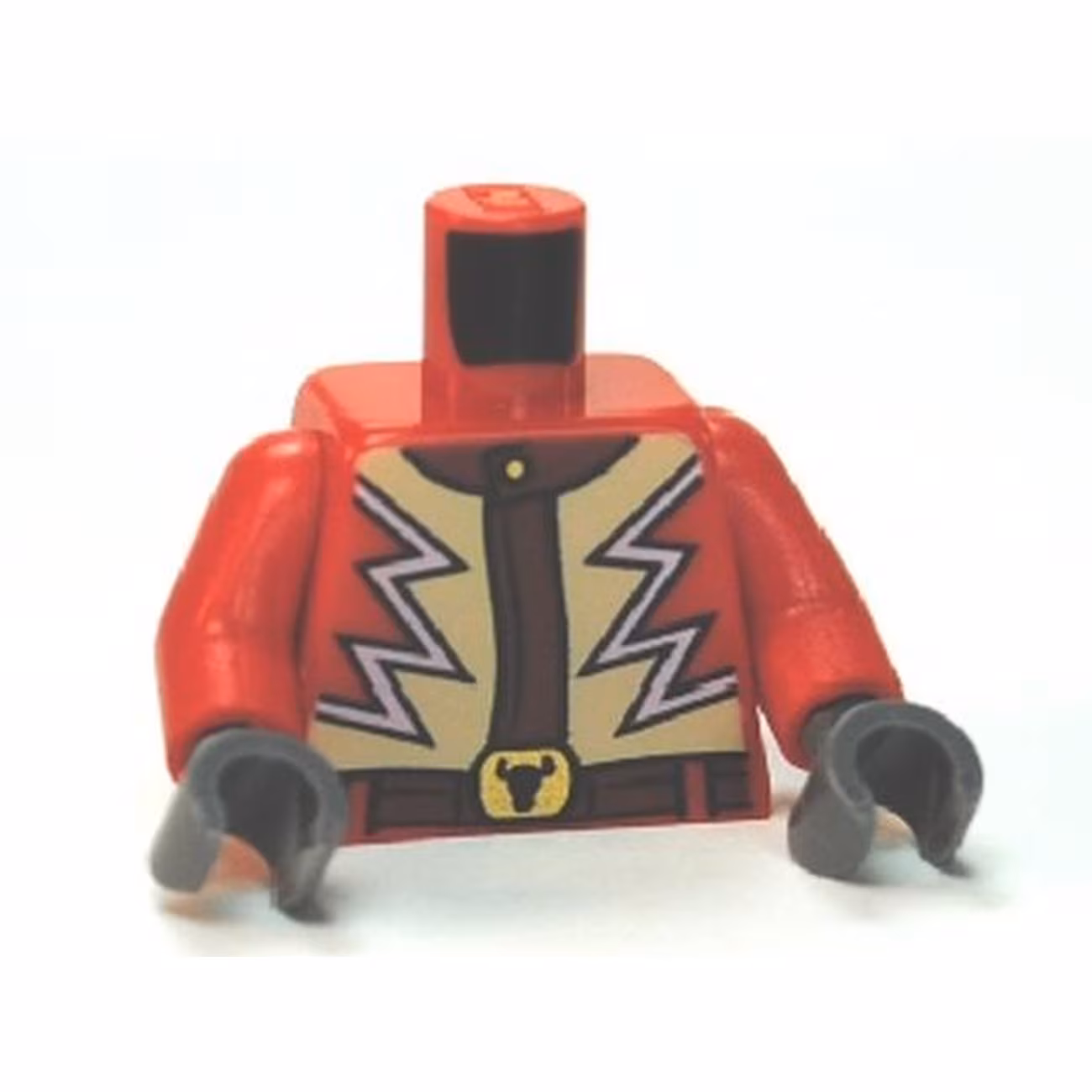 Torso Jacket with Lightning Zigzag and Steer / Bull's Head Belt Buckle Pattern / Red Arms / Dark Bluish Gray Hands Torso Jacket with Lightning Zigzag and Steer / Bull's Head Belt Buckle Pattern / Red Arms / Dark Bluish Gray Hands
