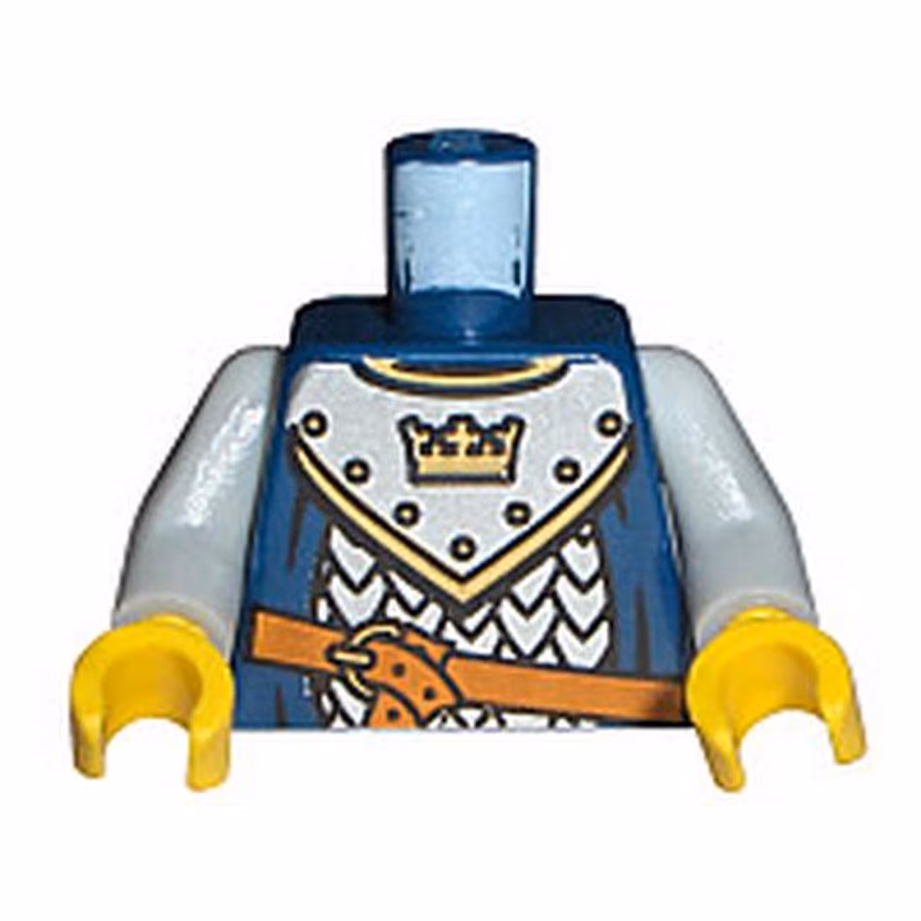 Torso Castle Fantasy Era Scale Mail, Crown on Collar Pattern / Light Bluish Gray Arms / Yellow Hands Torso Castle Fantasy Era Scale Mail, Crown on Collar Pattern / Light Bluish Gray Arms / Yellow Hands