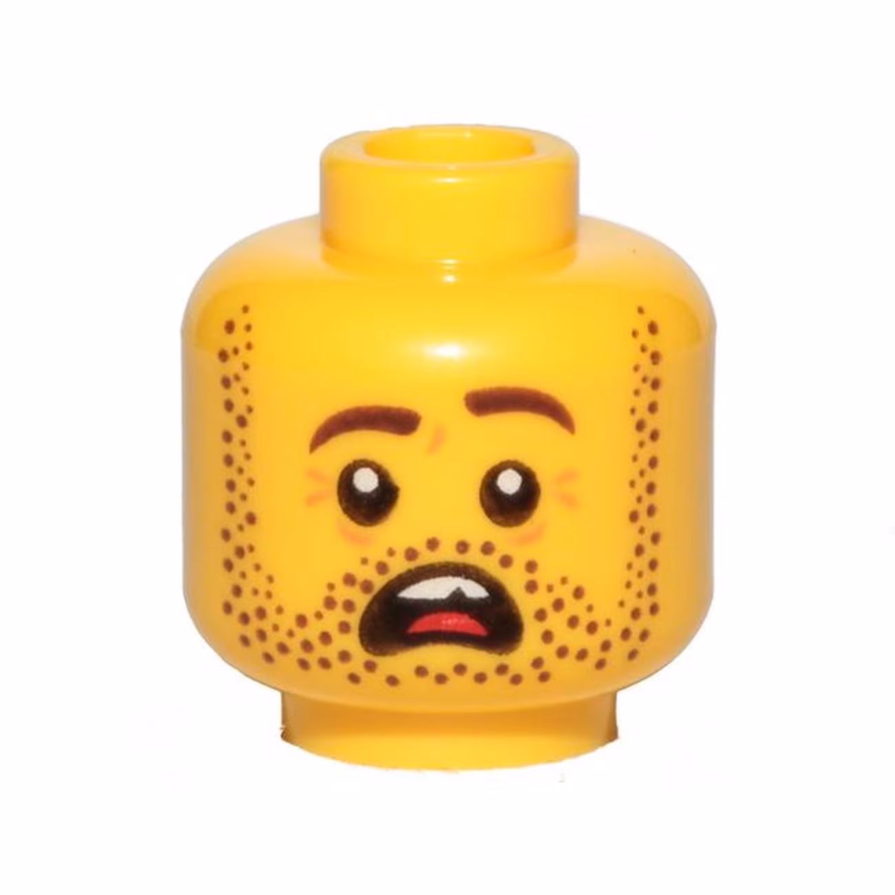 Minifigure, Head Dark Brown Beard Stubble, Dark Brown Eyebrows, Left Raised, Open Mouth, Teeth and Tongue, Scared Pattern Minifigure, Head Dark Brown Beard Stubble, Dark Brown Eyebrows, Left Raised, Open Mouth, Teeth and Tongue, Scared Pattern
