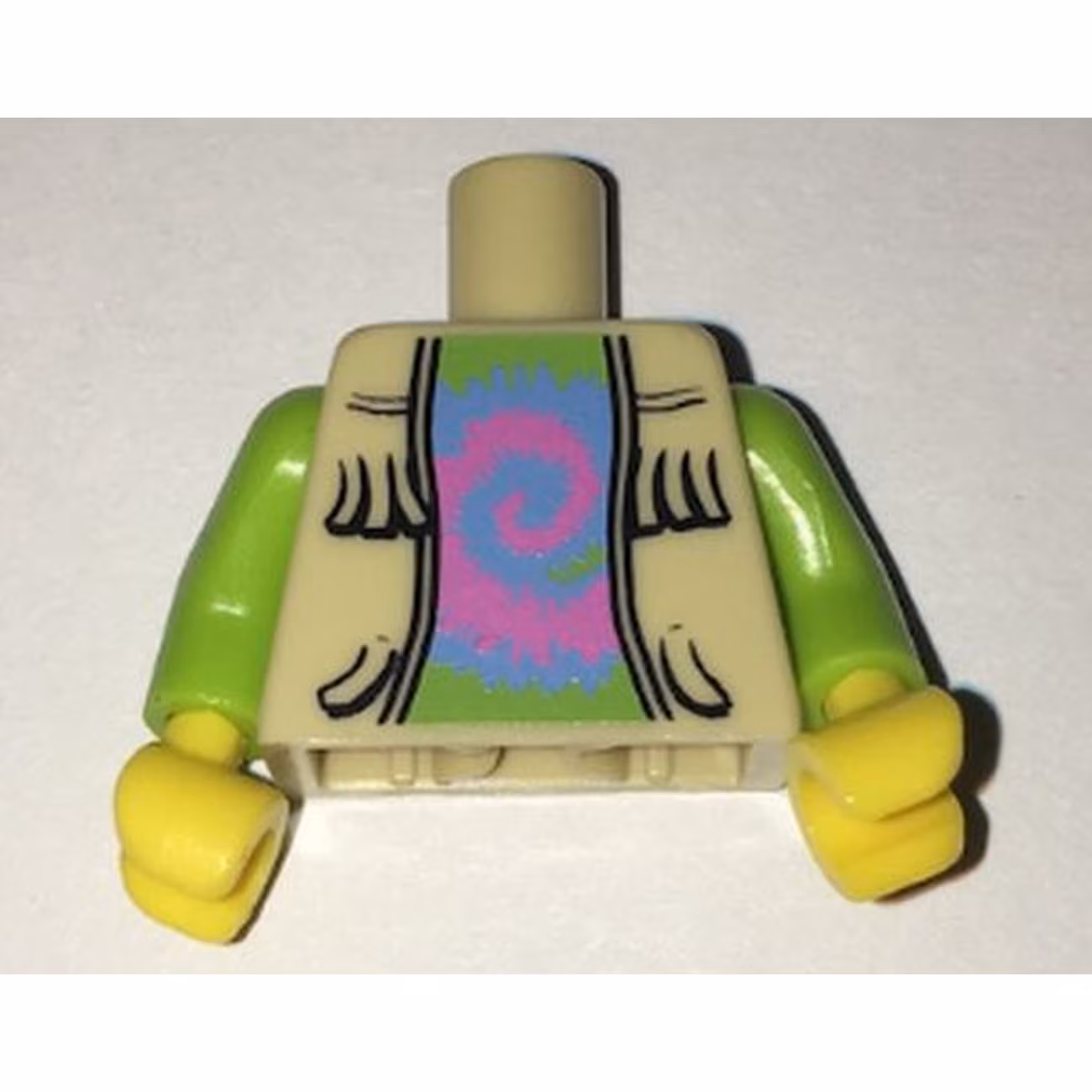Torso Vest with Fringe over Lime Shirt with Dark Pink and Medium Blue Tie Dyed Swirl Pattern / Lime Arms / Yellow Hands Torso Vest with Fringe over Lime Shirt with Dark Pink and Medium Blue Tie Dyed Swirl Pattern / Lime Arms / Yellow Hands