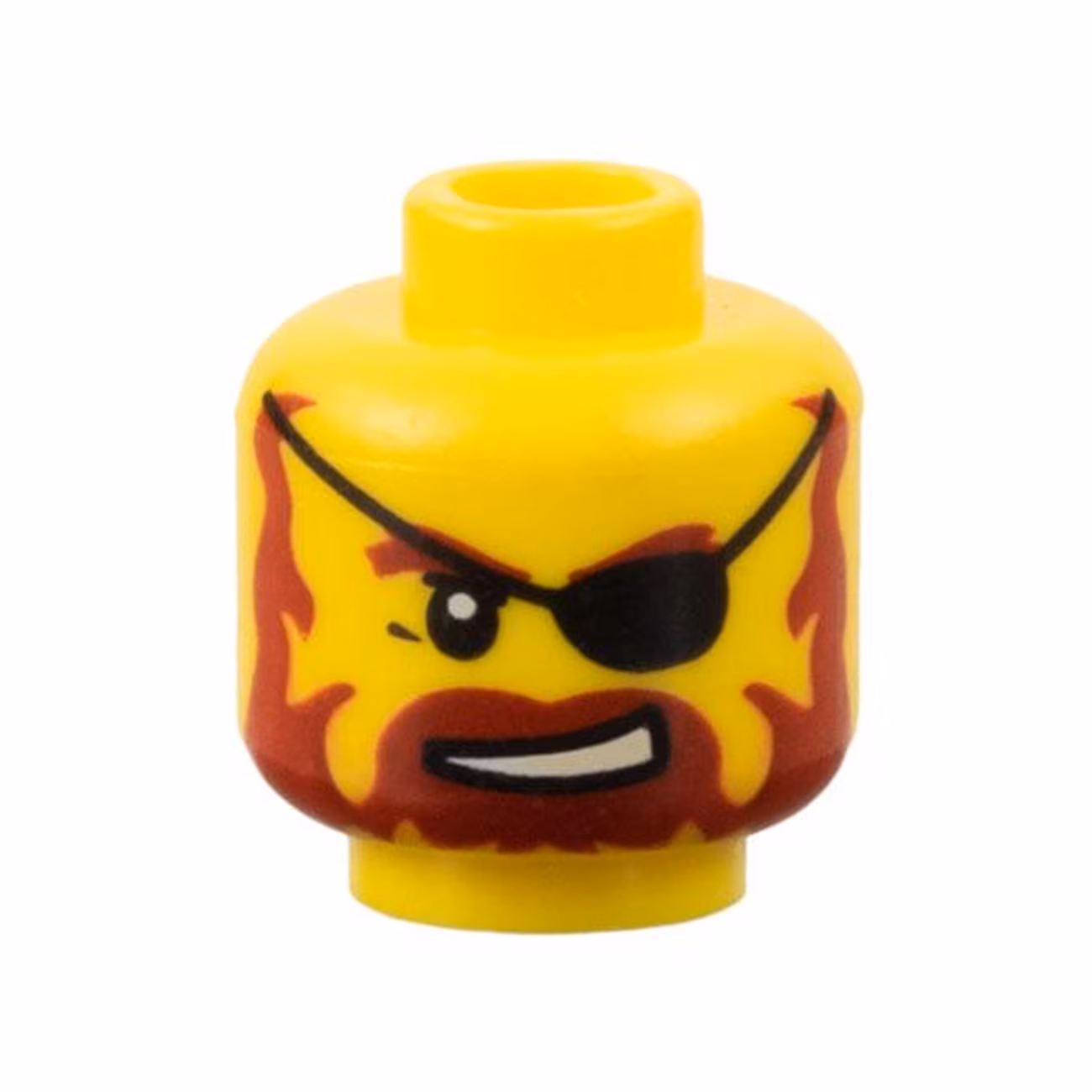 Minifigure, Head Dark Red Eyebrows, Moustache and Full Beard, Black Eye Patch, Lopsided Open Mouth Smile with Teeth Pattern Minifigure, Head Dark Red Eyebrows, Moustache and Full Beard, Black Eye Patch, Lopsided Open Mouth Smile with Teeth Pattern