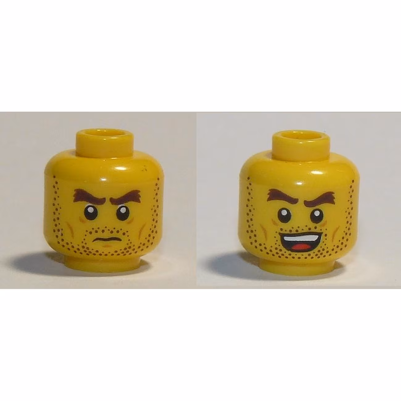 Minifigure, Head Dual Sided Dark Brown Beard Stubble, Dark Brown Thick Eyebrows, Grumpy / Open Mouth Smile Pattern Minifigure, Head Dual Sided Dark Brown Beard Stubble, Dark Brown Thick Eyebrows, Grumpy / Open Mouth Smile Pattern