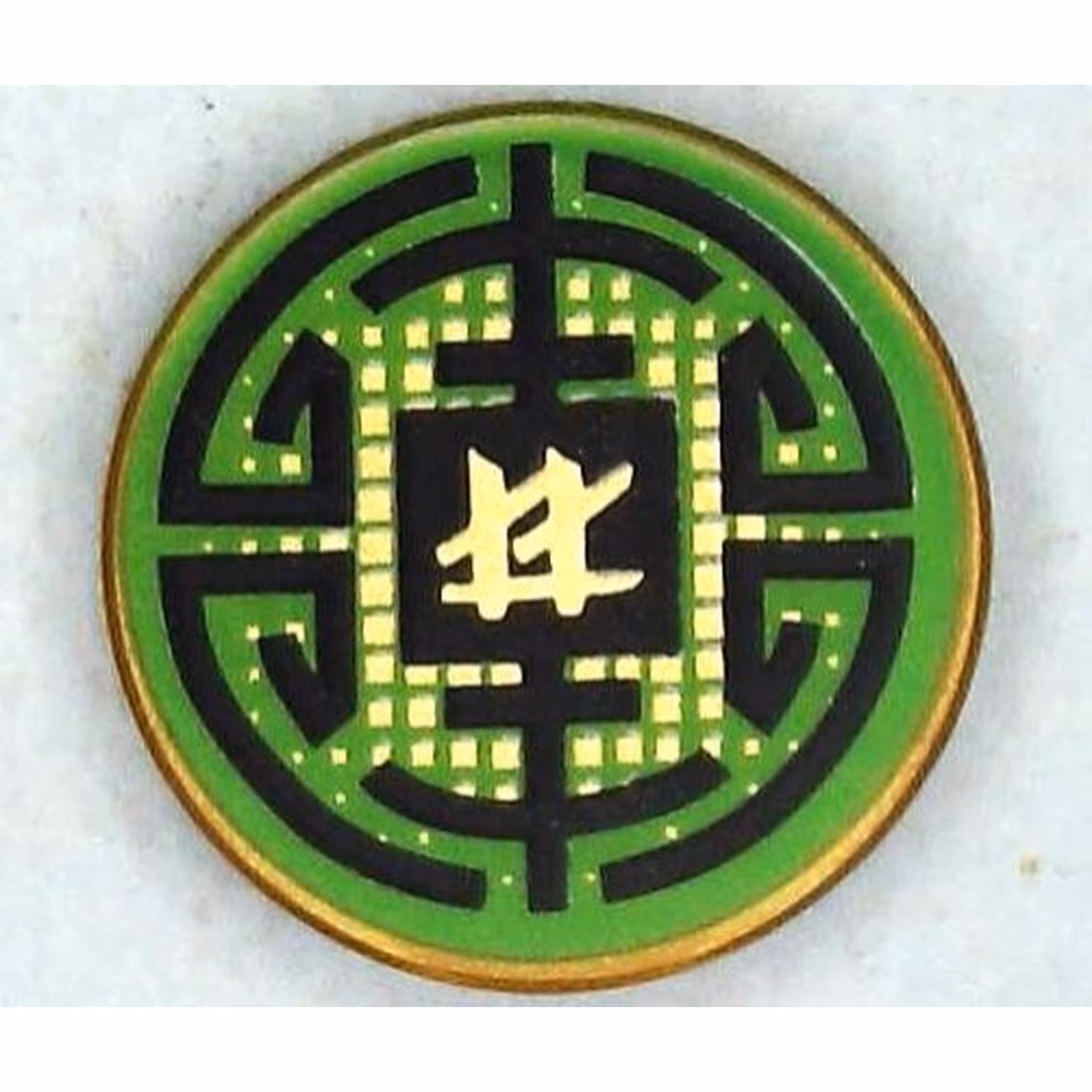 Tile, Round 2 x 2 with Bottom Stud Holder with Black Circular Lines and Gold Squares on Green Background, Ninjago Logogram 'LL' Pattern Tile, Round 2 x 2 with Bottom Stud Holder with Black Circular Lines and Gold Squares on Green Background, Ninjago Logogram 'LL' Pattern