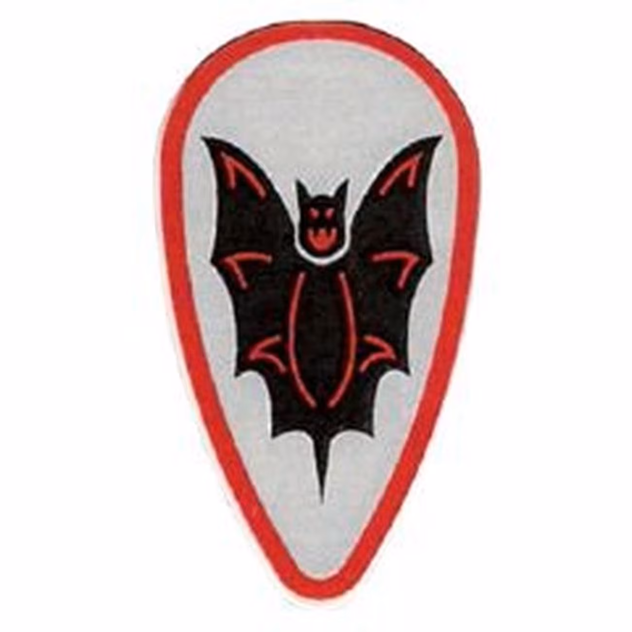 Minifigure, Shield Ovoid with Black and Red Bat on Silver Background Pattern Minifigure, Shield Ovoid with Black and Red Bat on Silver Background Pattern