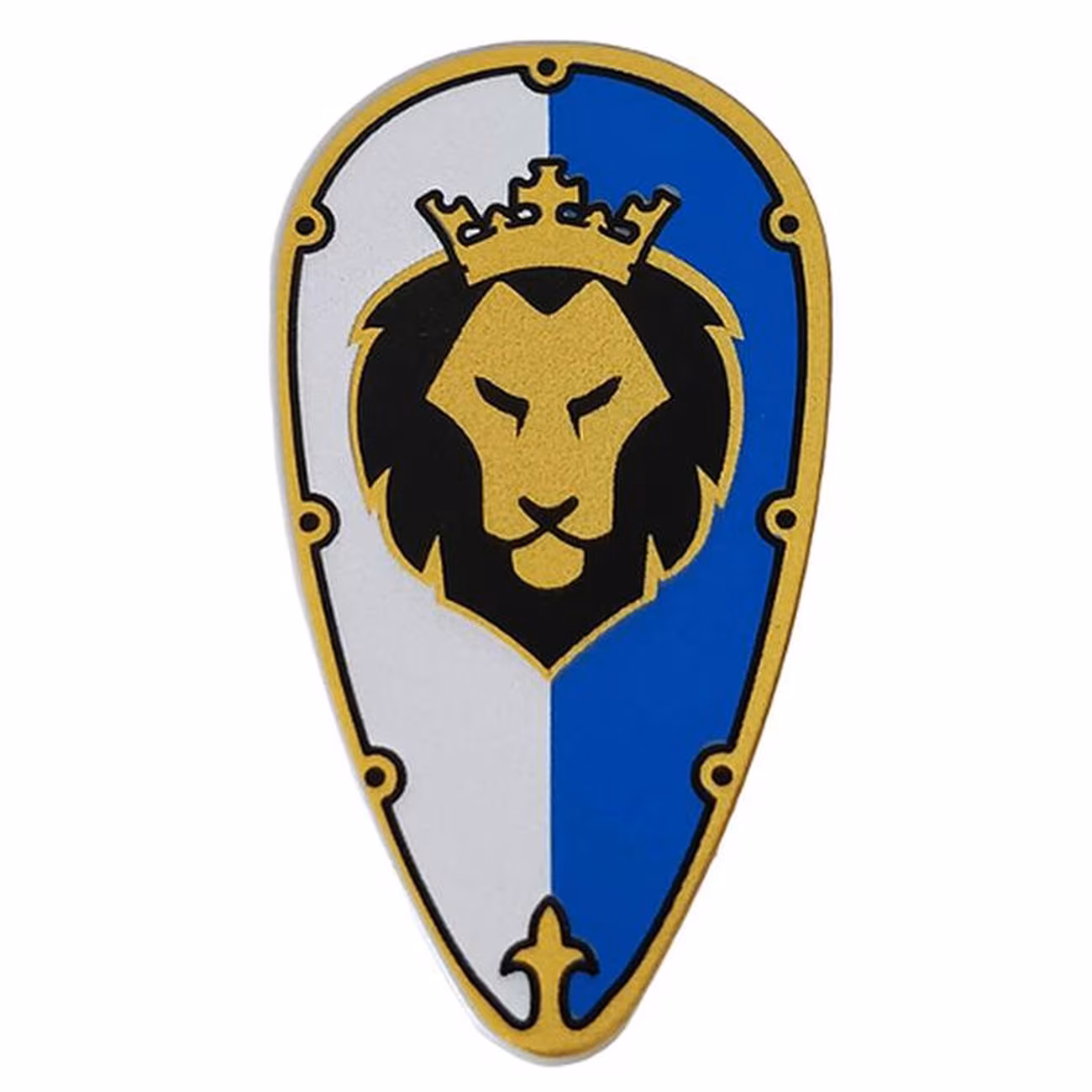Minifigure, Shield Ovoid with Lion Head on White and Blue Pattern Minifigure, Shield Ovoid with Lion Head on White and Blue Pattern