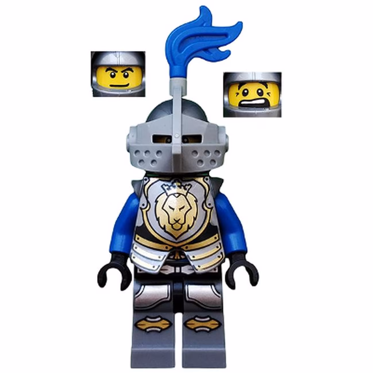 Castle - King's Knight Armor with Lion Head with Crown, Helmet with Pointed Visor, Blue Plume, Determined / Open Mouth Scared Pattern Castle - King's Knight Armor with Lion Head with Crown, Helmet with Pointed Visor, Blue Plume, Determined / Open Mouth Scared Pattern