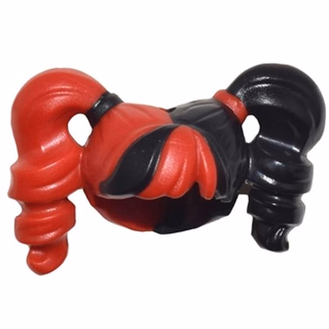 Minifigure, Hair Female Pigtails High Bouncy, Hole on Top with Black Hair on Left Side and Black Tie on Right Side Pattern Minifigure, Hair Female Pigtails High Bouncy, Hole on Top with Black Hair on Left Side and Black Tie on Right Side Pattern