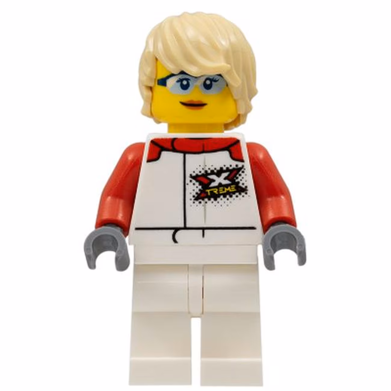 Female, White and Red Jumpsuit with 'XTREME' Logo, Tan Tousled Hair, Sunglasses and Closed Mouth Grin Female, White and Red Jumpsuit with 'XTREME' Logo, Tan Tousled Hair, Sunglasses and Closed Mouth Grin