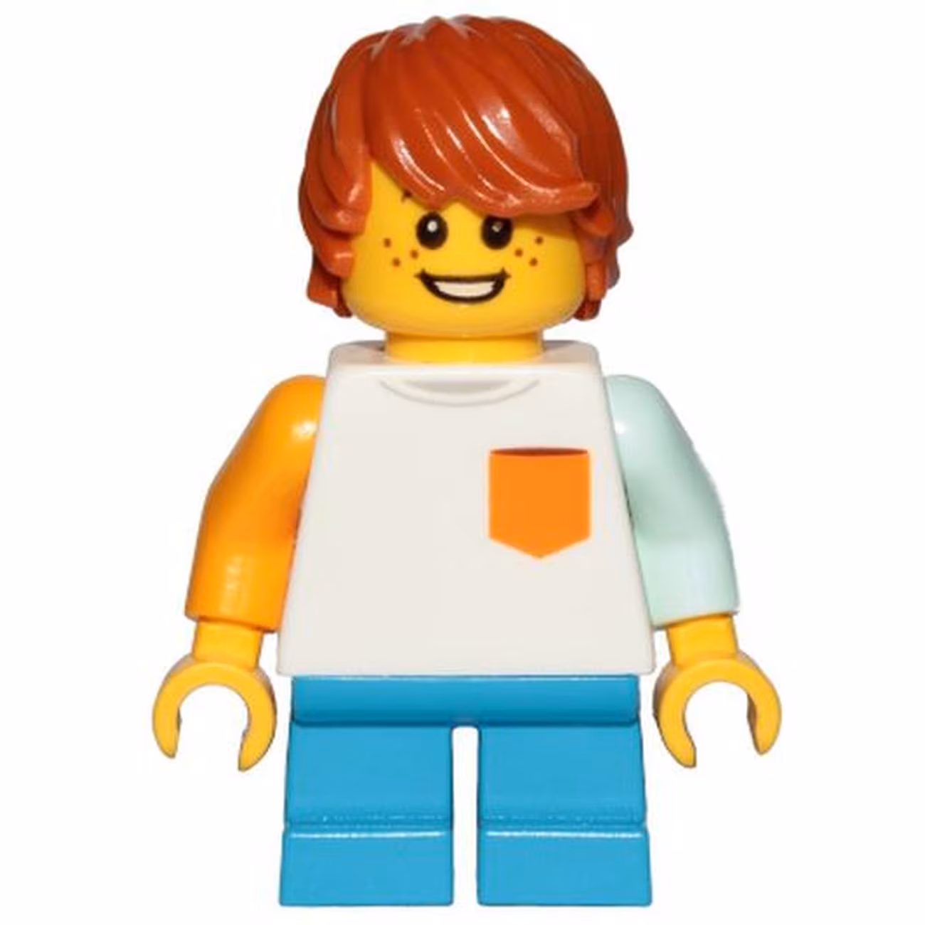 Boy, Freckles, White Shirt with Orange Pocket, Dark Azure Short Legs, Dark Orange Hair Tousled with Side Part Boy, Freckles, White Shirt with Orange Pocket, Dark Azure Short Legs, Dark Orange Hair Tousled with Side Part