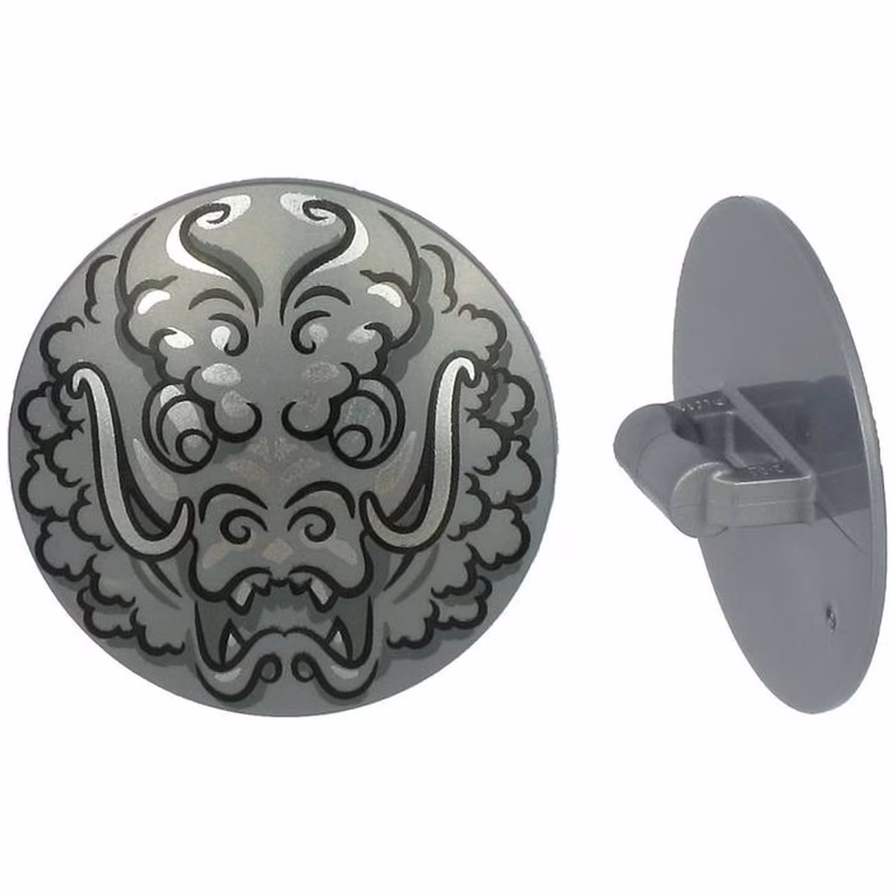 Minifigure, Shield Circular Convex Face with Black and Silver Ninjago Dragon Head Pattern Minifigure, Shield Circular Convex Face with Black and Silver Ninjago Dragon Head Pattern