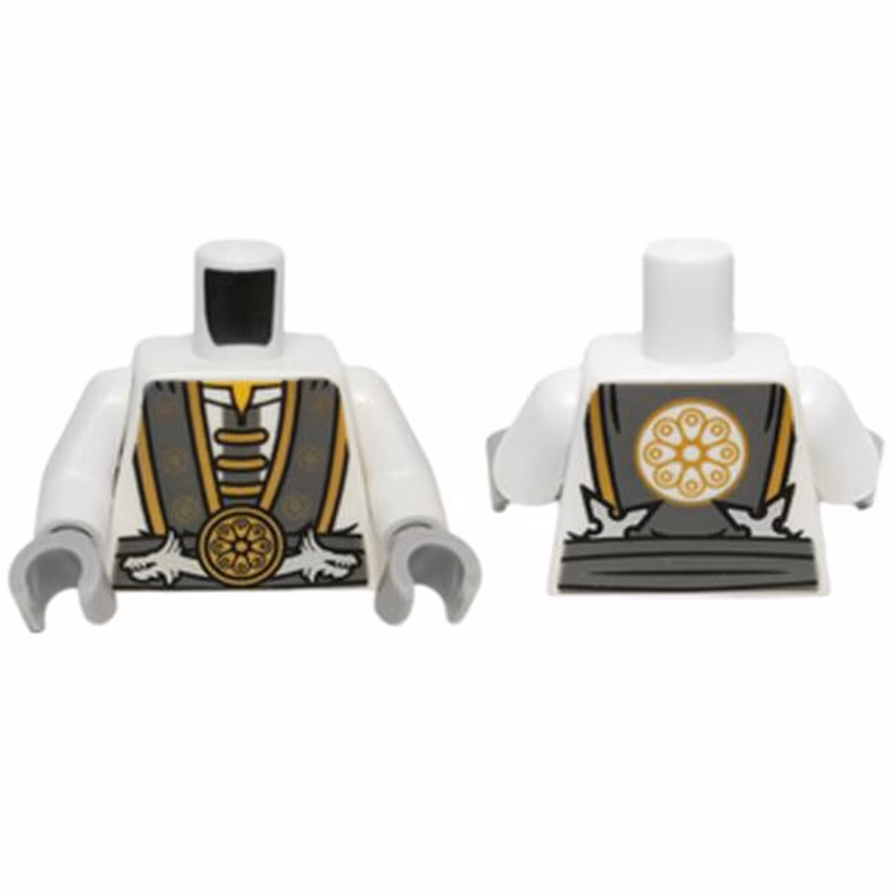 Torso Ninjago Robe with Gray and Gold Trim, Silver Dragons and Gold Flower Symbols Pattern / White Arms / Light Bluish Gray Hands Torso Ninjago Robe with Gray and Gold Trim, Silver Dragons and Gold Flower Symbols Pattern / White Arms / Light Bluish Gray Hands