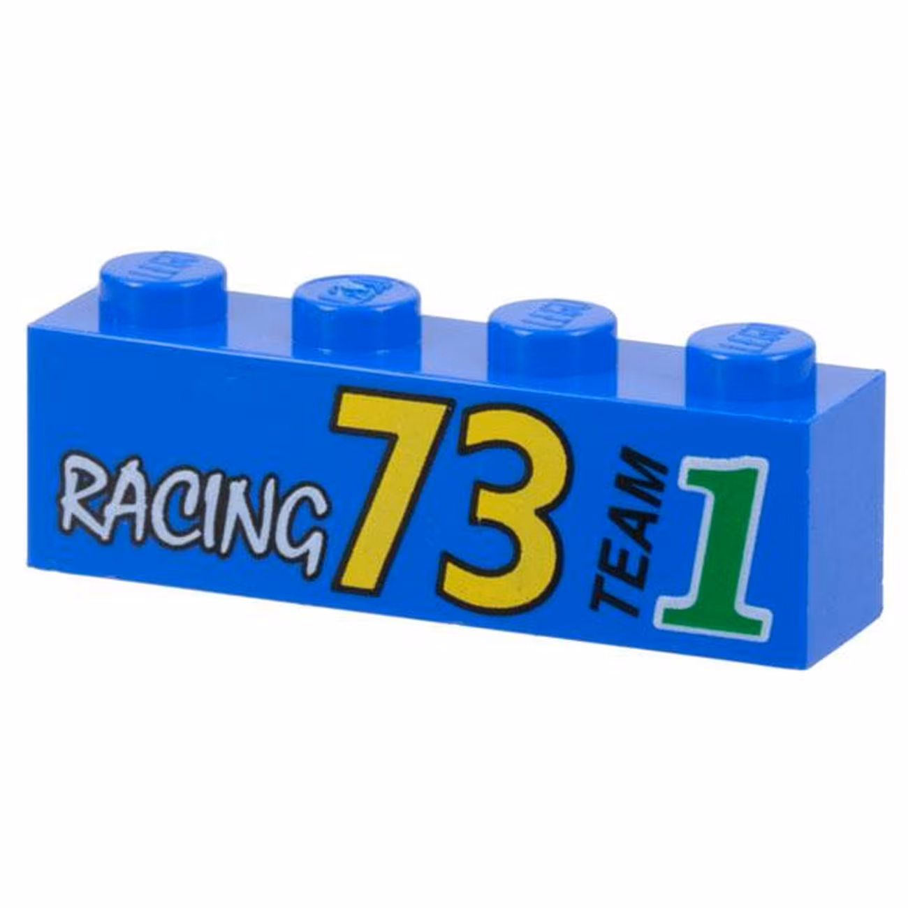 Brick 1 x 4 with White 'RACING', Yellow '73', Black 'TEAM', and Green Number 1 Pattern Brick 1 x 4 with White 'RACING', Yellow '73', Black 'TEAM', and Green Number 1 Pattern
