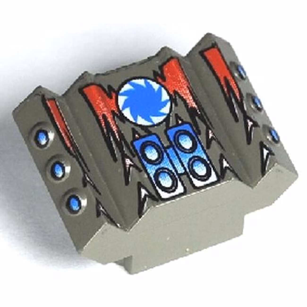 Brick, Modified 2 x 2 No Studs, Sloped with Angled Side Block Extensions with Red Flames and Blue Saw Blade on White Circle Pattern Brick, Modified 2 x 2 No Studs, Sloped with Angled Side Block Extensions with Red Flames and Blue Saw Blade on White Circle Pattern