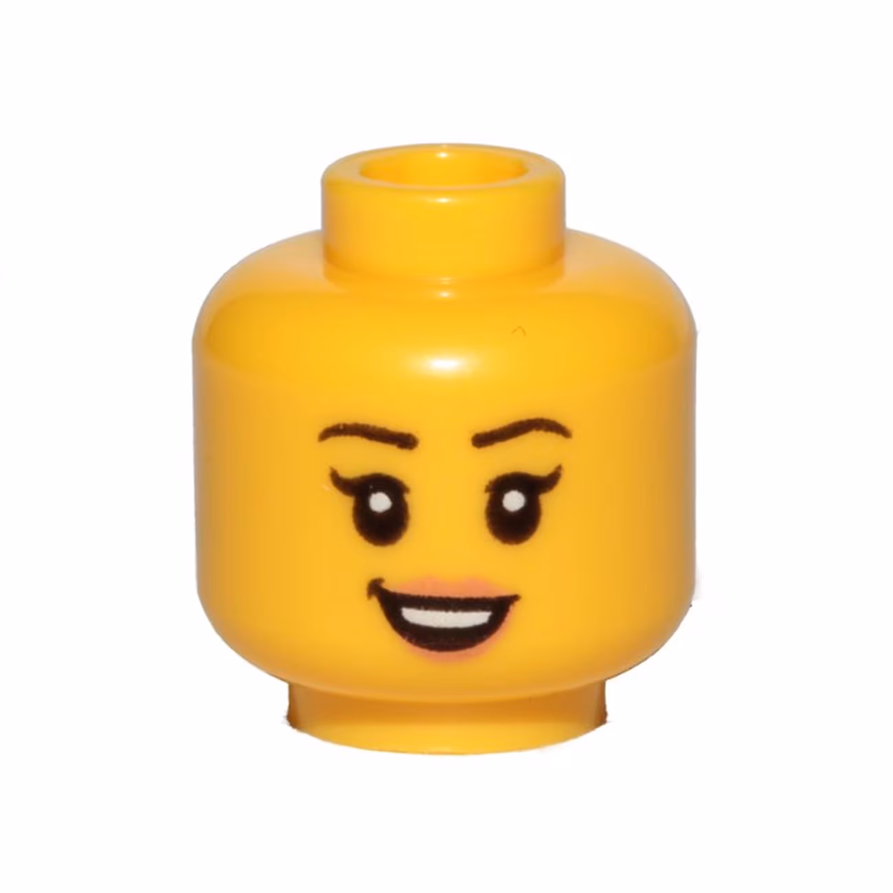 Minifigure, Head Female Black Eyebrows, Single Eyelashes, Nougat Lips, Open Mouth Smile with Top Teeth Pattern - Hollow Stud Minifigure, Head Female Black Eyebrows, Single Eyelashes, Nougat Lips, Open Mouth Smile with Top Teeth Pattern - Hollow Stud