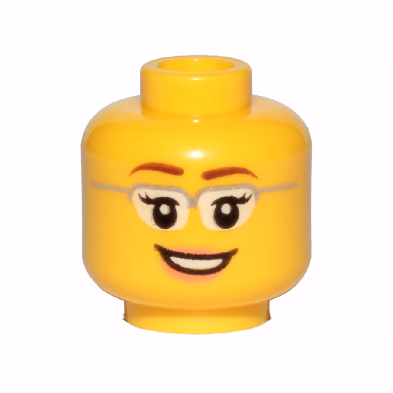Minifigure, Head Female Glasses with Silver Frames, Reddish Brown Eyebrows, Eyelashes, Nougat Lips, Open Mouth Smile with Teeth Pattern - Hollow Stud Minifigure, Head Female Glasses with Silver Frames, Reddish Brown Eyebrows, Eyelashes, Nougat Lips, Open Mouth Smile with Teeth Pattern - Hollow Stud
