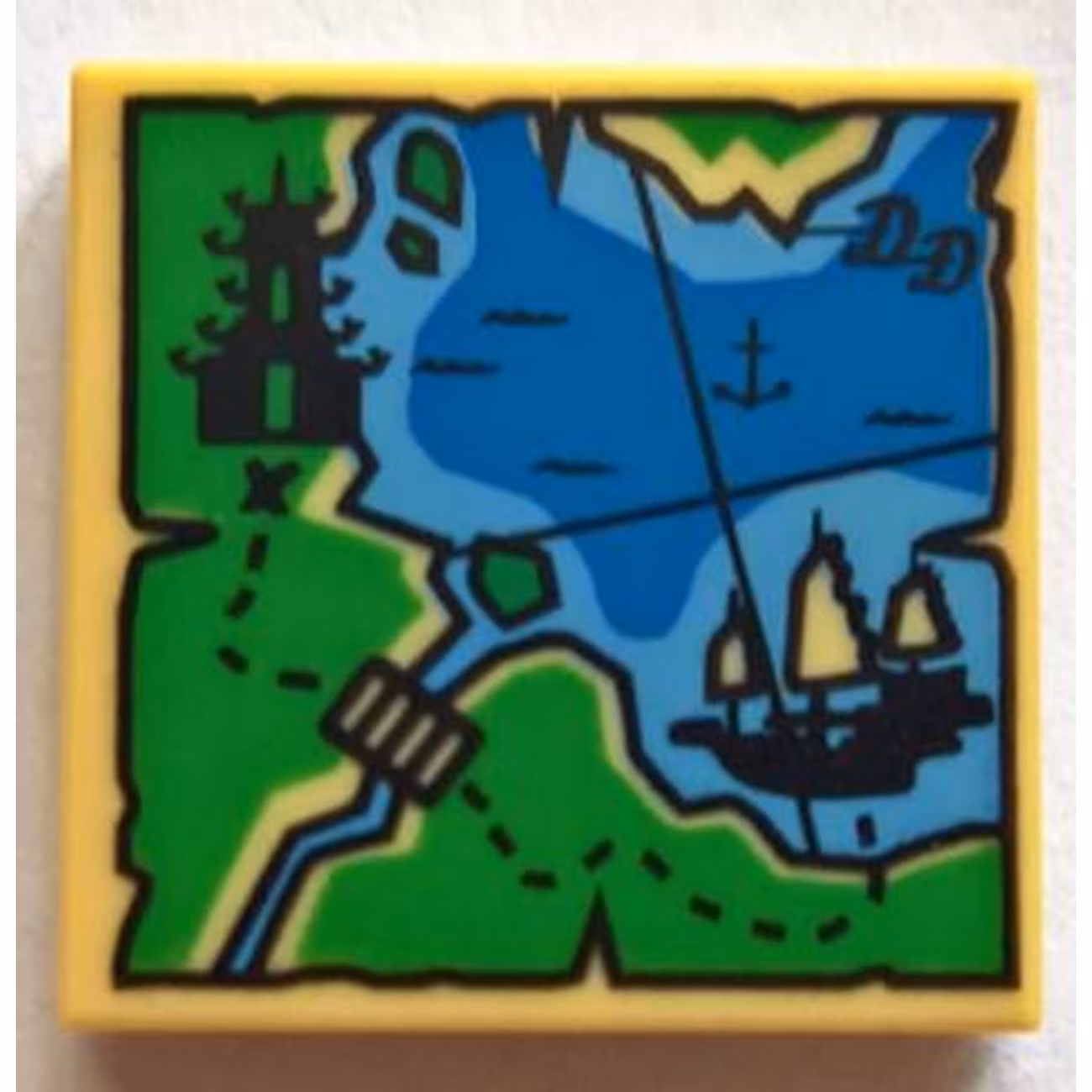 Tile 2 x 2 with Groove with Ninjago Map with Pagoda, Bridge, Ship, Anchor, Water, Dotted Line Trail, and Script 'DD' Pattern Tile 2 x 2 with Groove with Ninjago Map with Pagoda, Bridge, Ship, Anchor, Water, Dotted Line Trail, and Script 'DD' Pattern