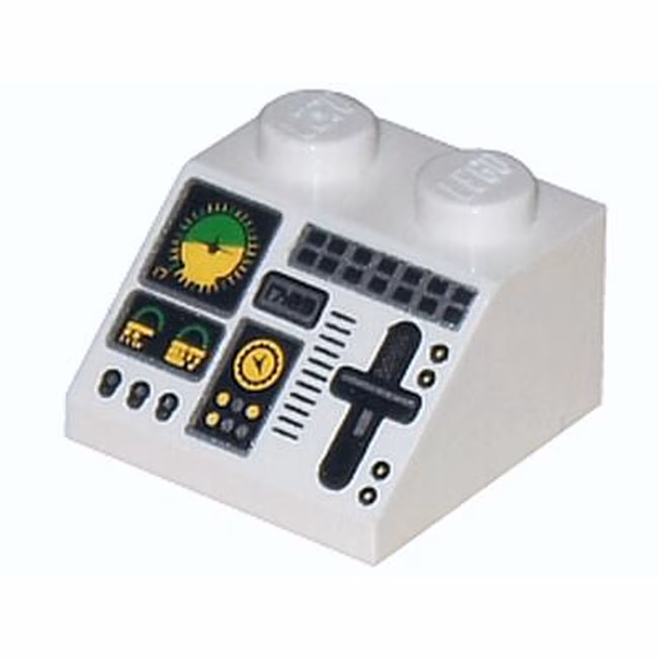 Slope 45 2 x 2 with Aircraft Green and Yellow Horizon Indicator, Controls, Black Buttons, Silver Slider and Switches Pattern Slope 45 2 x 2 with Aircraft Green and Yellow Horizon Indicator, Controls, Black Buttons, Silver Slider and Switches Pattern